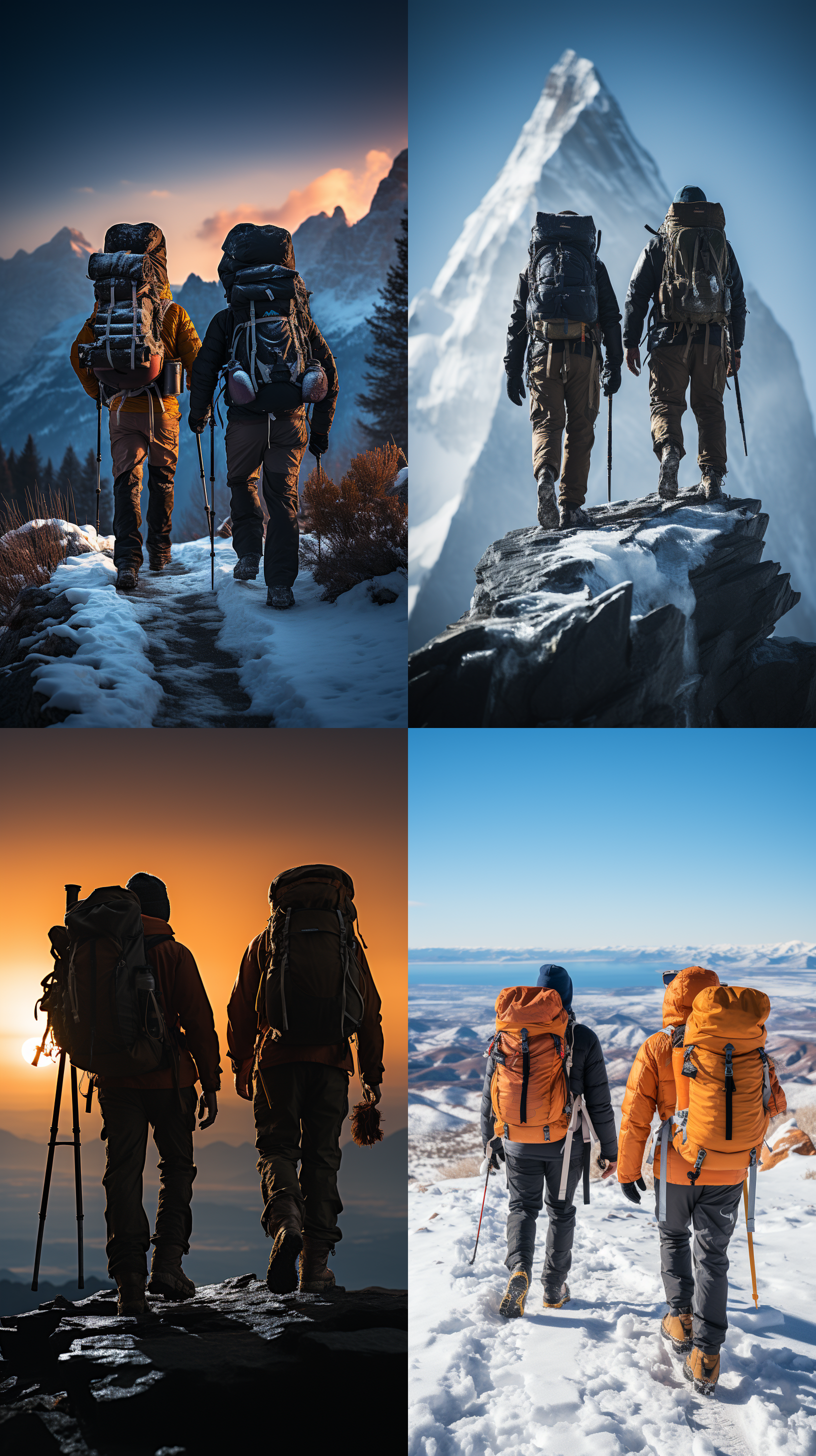 攀登高峰，登山者穿越雪山，背对相机，从脚下拍爬山, 垂直构图，冷色调，长焦镜头，自然光，远景，动作，冒险，壮观。