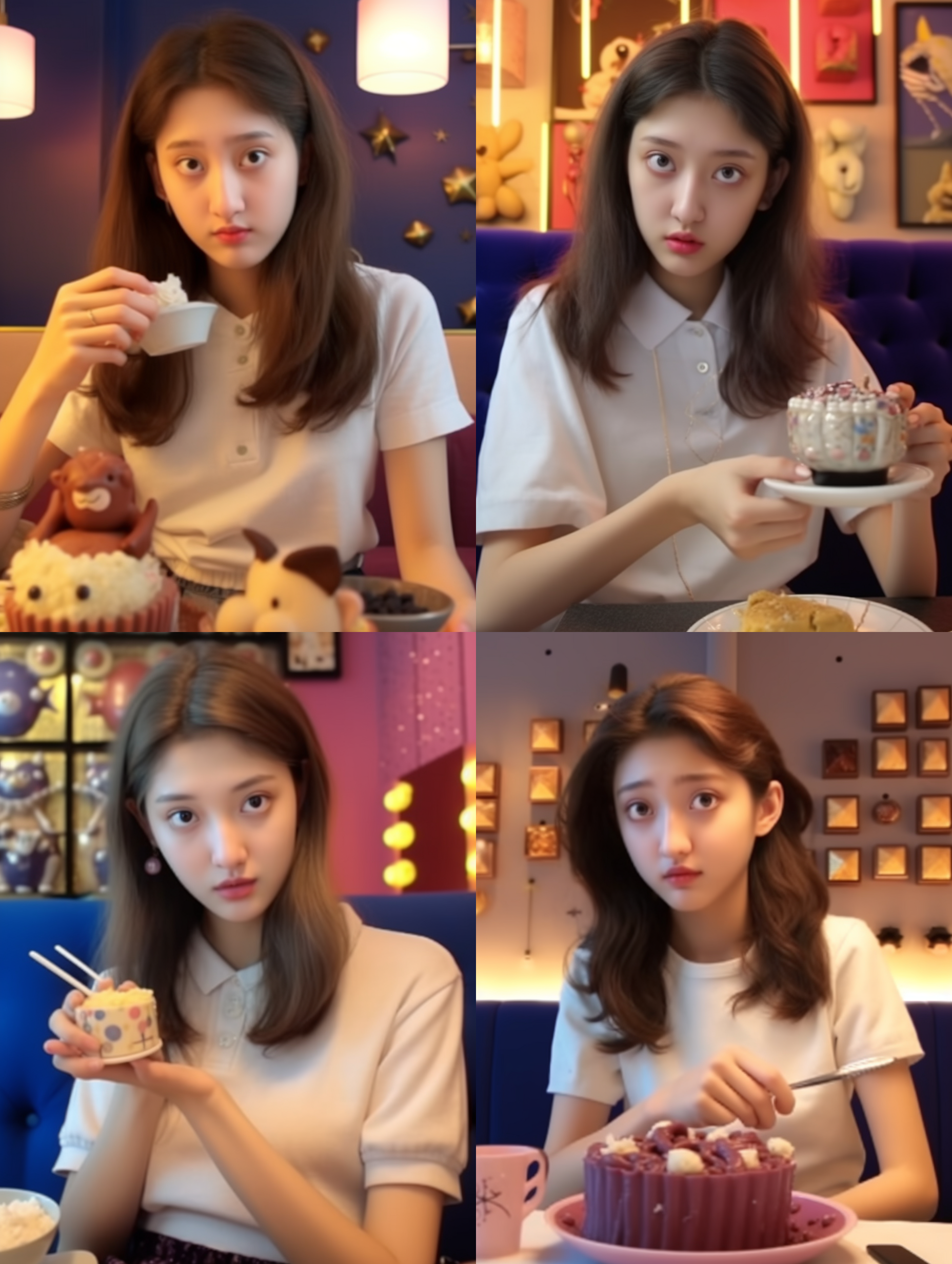 可爱女孩在粉红色卧室, 22岁, 穿白毛衣, 大眼睛, 晴天, 3d艺术, 粘土材料, 皮克斯风格, 鲜艳色彩, 欢快表情, 逆光拍摄, 中焦镜头, 温暖光线, 生动。