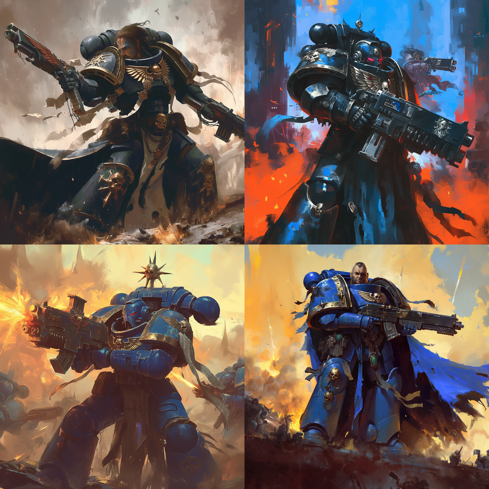 阿斯塔特修士，极限战士军团，战场上，战锤40k风格，油画质感，高质量，高清，多细节, 金属光泽，蓝色，威严，战斗姿态，人类，冷色调，广角镜头，电影镜头，爆弹枪, 高对比度, 动作凌厉，紧张。