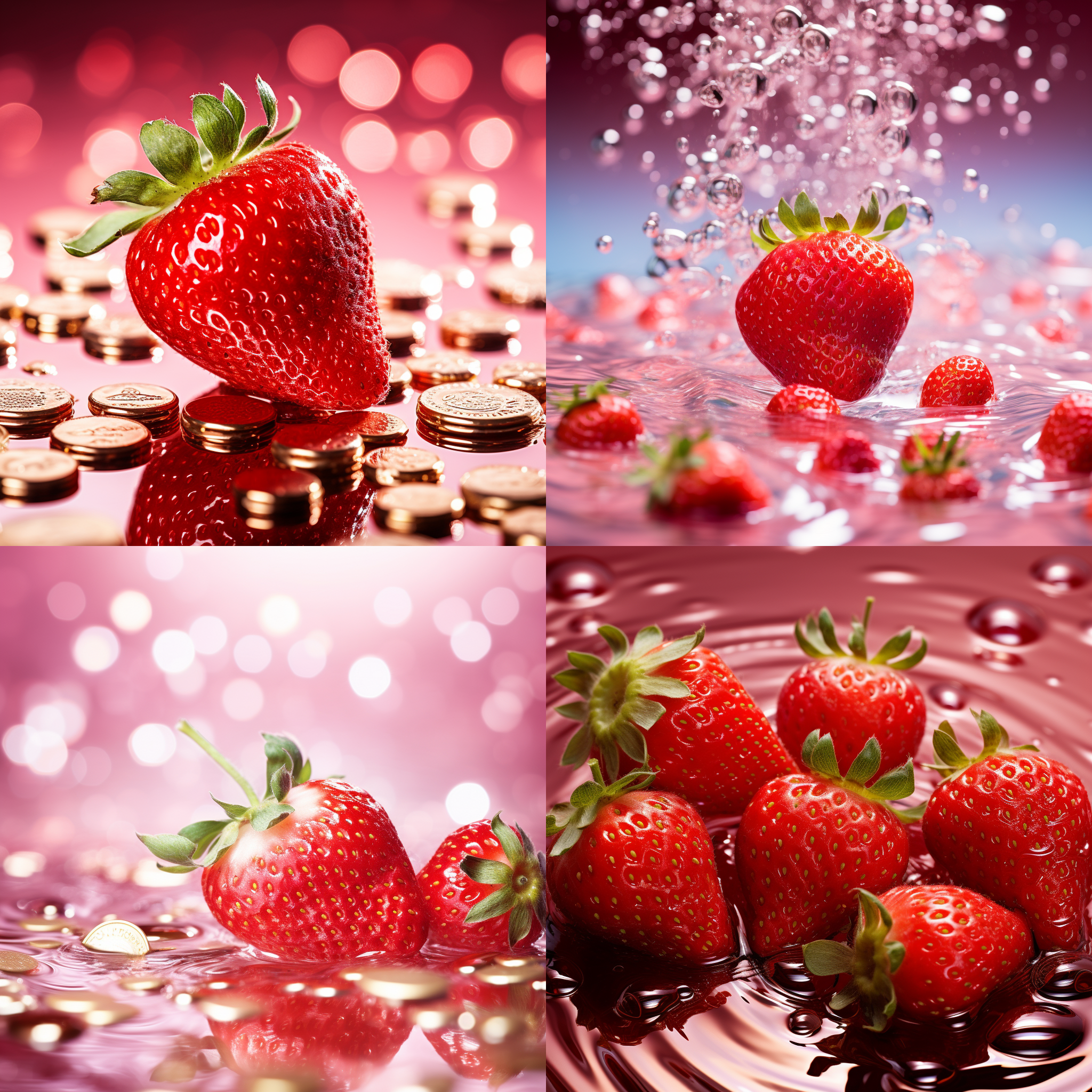 草莓特写，闪光效果，浅色调，透明粉水，波纹，有金币，极简风格，9:16宽高比，v6，细节丰富，色彩鲜艳，清新。