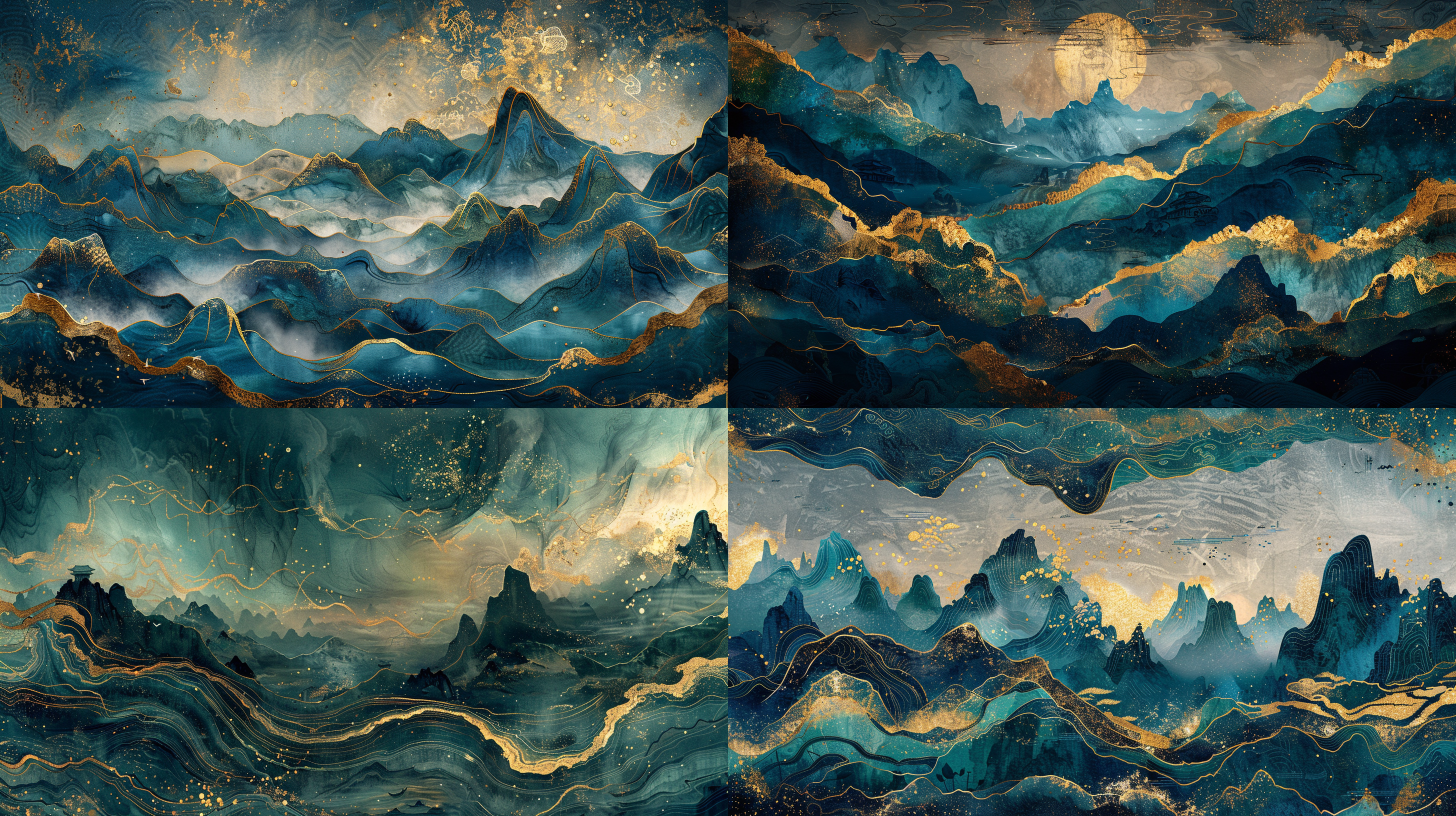 poster, blue and gold, mountains, chinese, flowing fabrics, ancient china cityscapes, dark green and aquamarine, embroidery