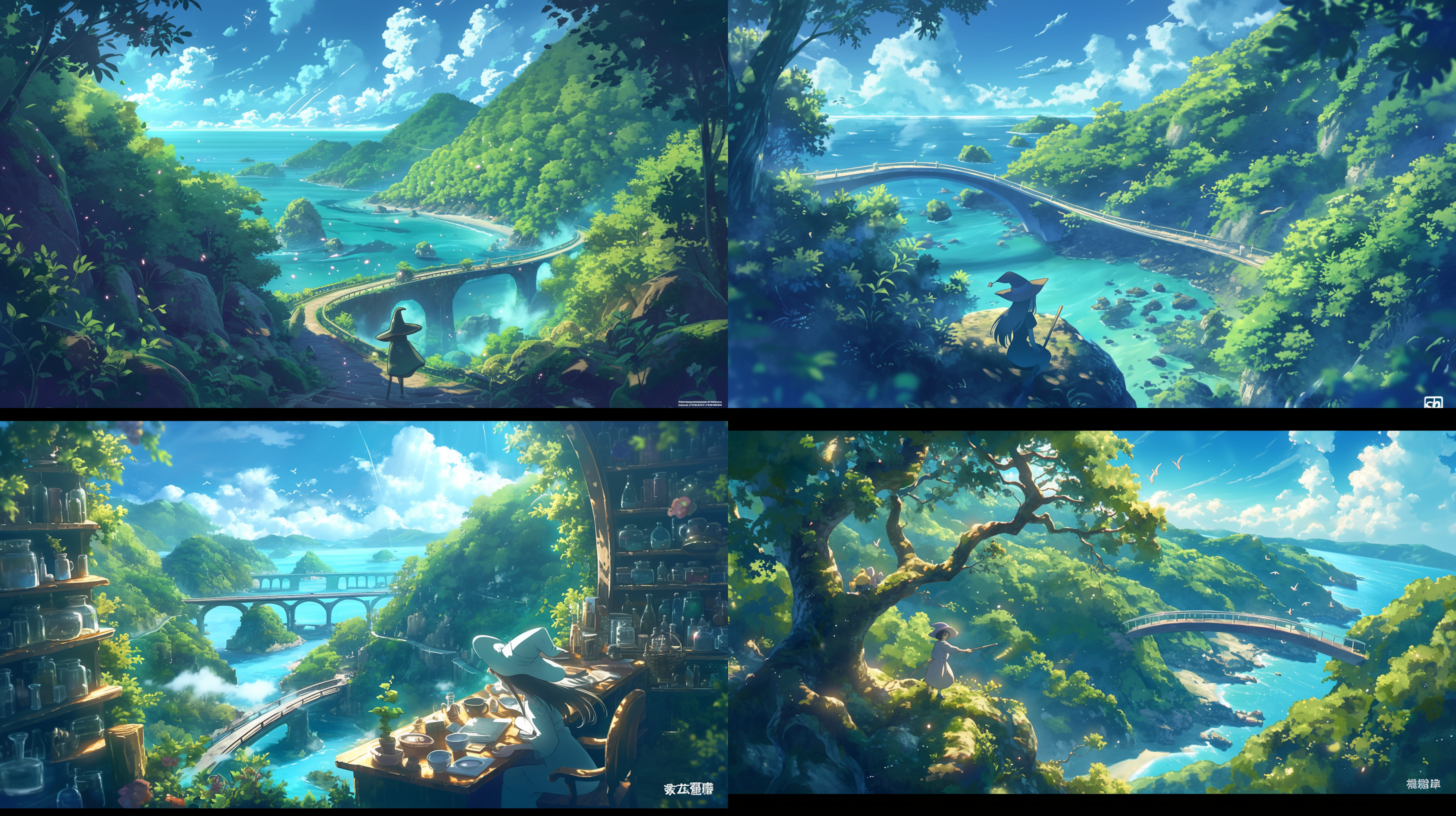 年轻女巫施展魔法，流动布局，神秘色调，50mm镜头，背光，静态，自然元素，绿色，神秘，宫崎骏风格，超高画质，超高细节，4k分辨率。 宫崎骏