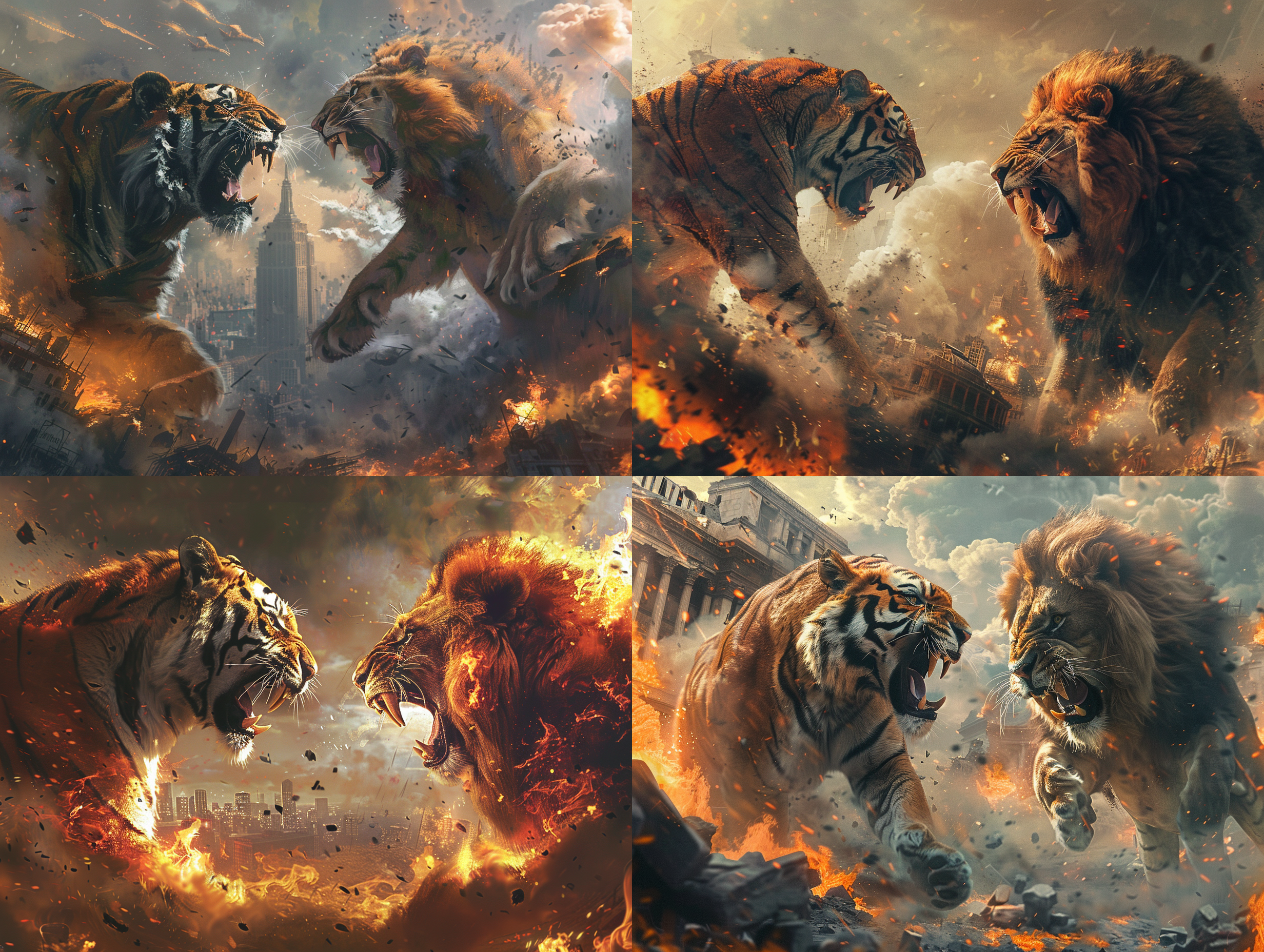a giant tiger, and a giant male lion are fighting in the middle of the city, the two giants are fighting each other, their mouths are open and snarling, their skin is in flames and white smoke is coming out of their bodies, standing over the city, with flames and smoke underneath their feet and all around them, next to the ruins and shattered buildings, photorealistic, surrealistic details, ultra hd, pixel-perfect, high definition, 8k