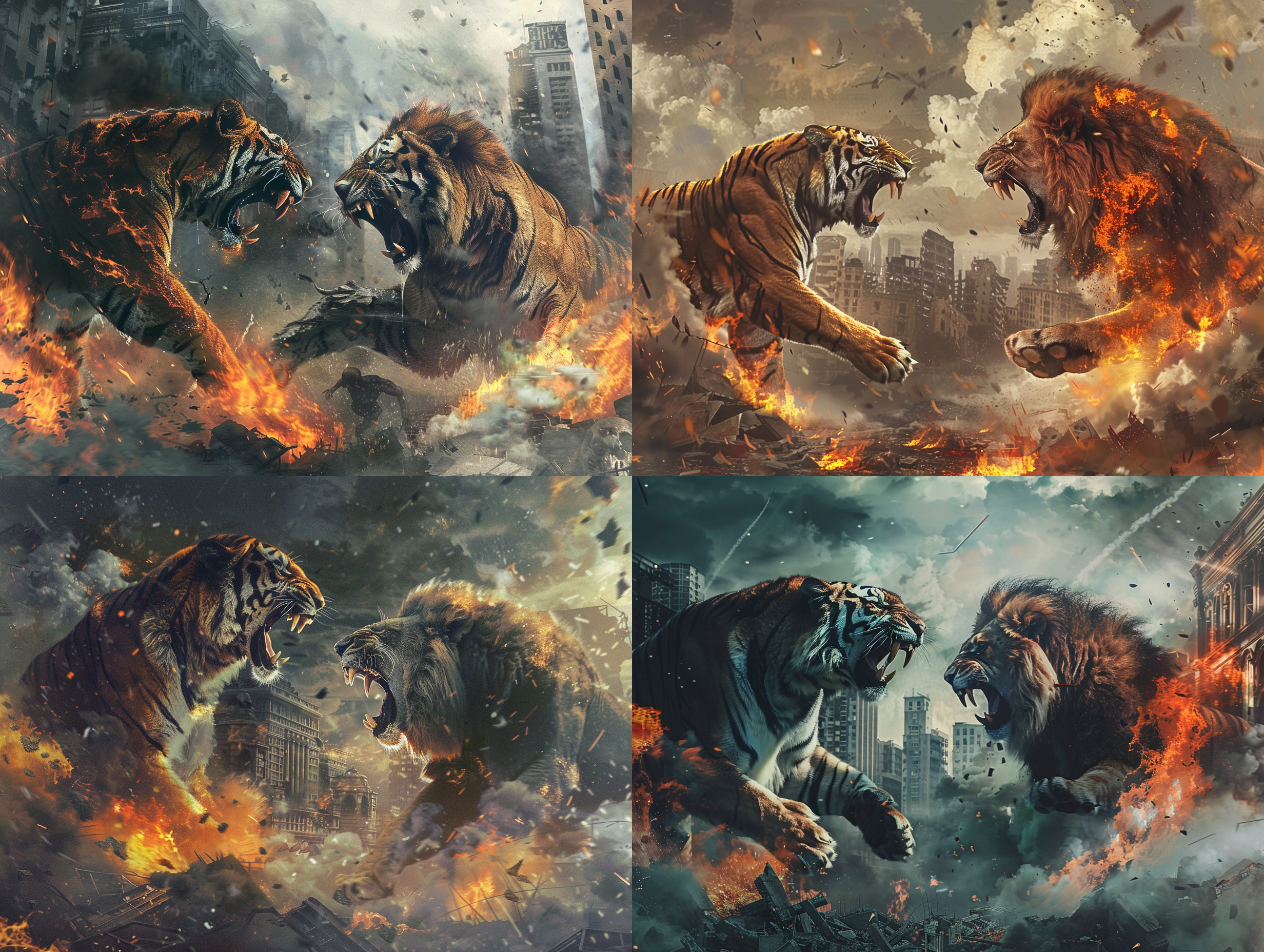 a giant tiger, and a giant male lion are fighting in the middle of the city, the two giants are fighting each other, their mouths are open and snarling, their skin is in flames and white smoke is coming out of their bodies, standing over the city, with flames and smoke underneath their feet and all around them, next to the ruins and shattered buildings, photorealistic, surrealistic details, ultra hd, pixel-perfect, high definition, 8k