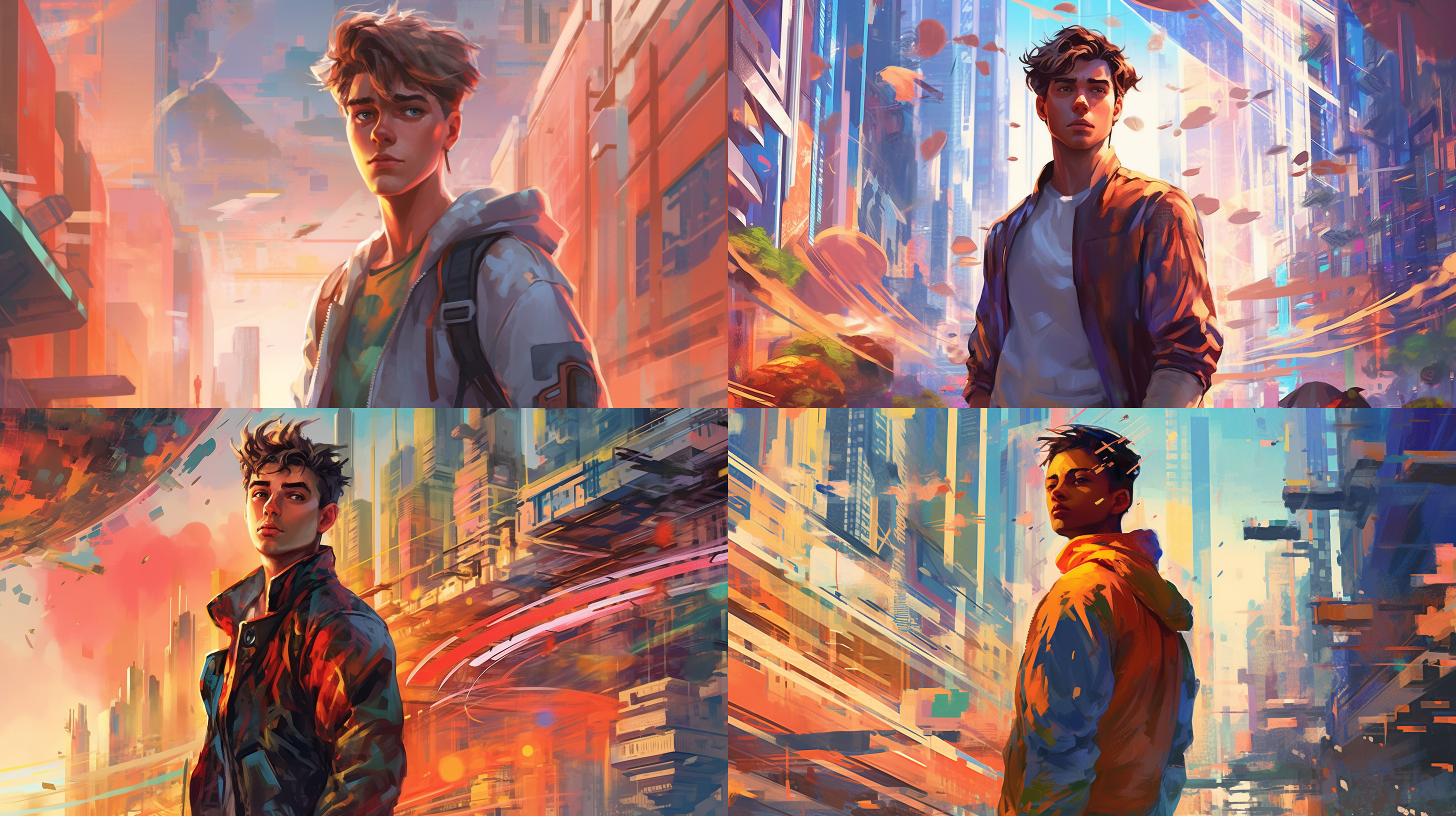 少年站在未来科技城市中央，背景是高楼大厦和飞行汽车。他手持绘画笔，眼神坚定朝前看，身着未来主题服装。绘画风格，未来科技，现代风格，全景，明亮色彩，中焦镜头，逆光，握笔动作，奇幻元素，梦想，希望。