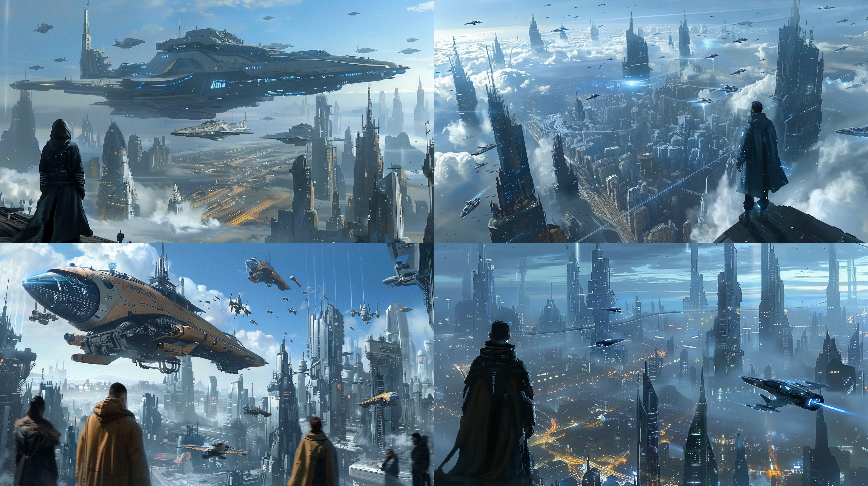 各种奇形怪状的飞行器，在未来的城市中穿梭飞行，天空中有很多交错在大厦里的交通路线，悬空的路轨