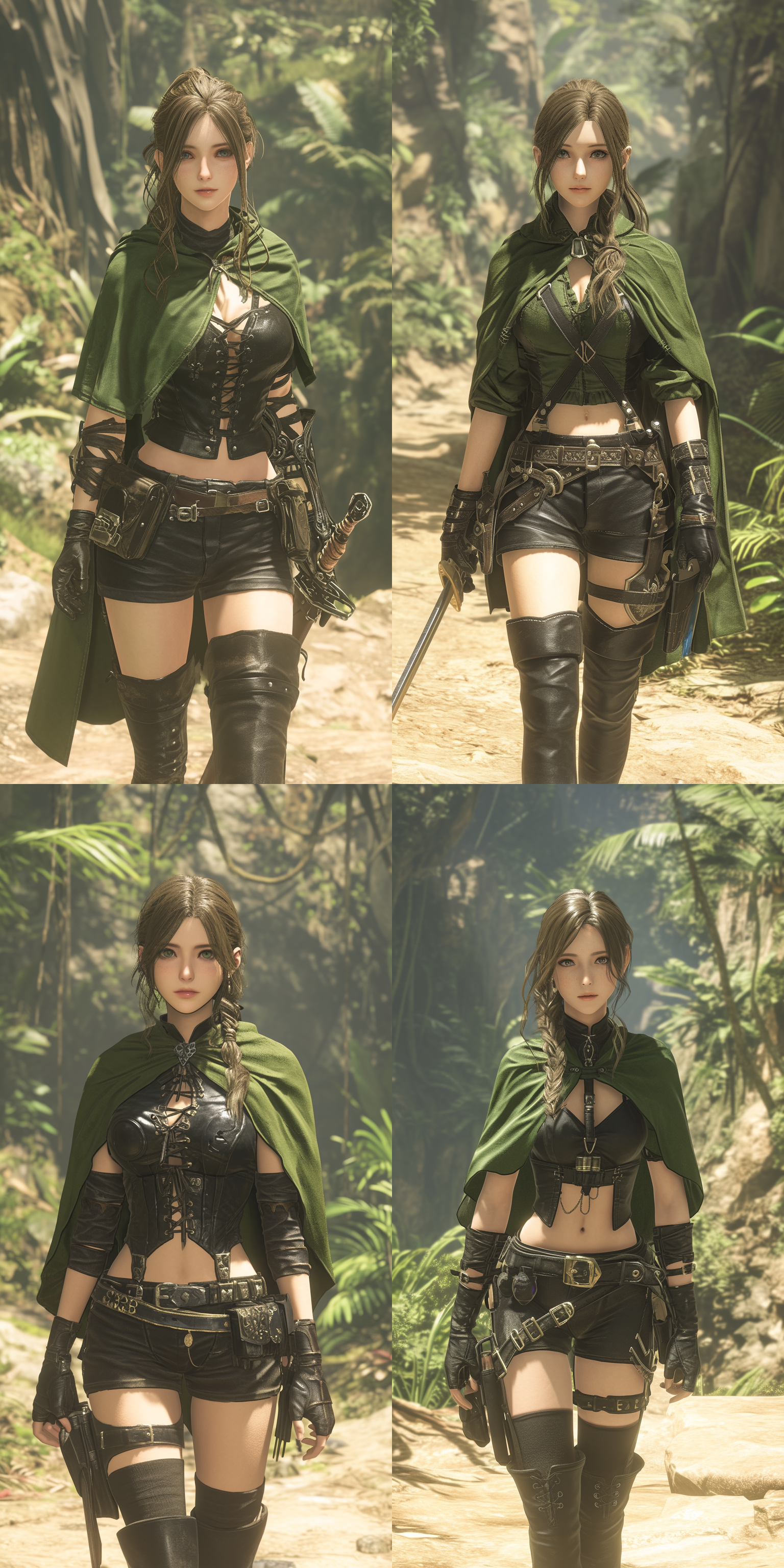 young women，棕色头发，绿色短披风，leather chest armor, black arm guards，黑色过膝长靴，6k，温带雨林背景 虚幻引擎 三维 oc渲染器 龙与地下城