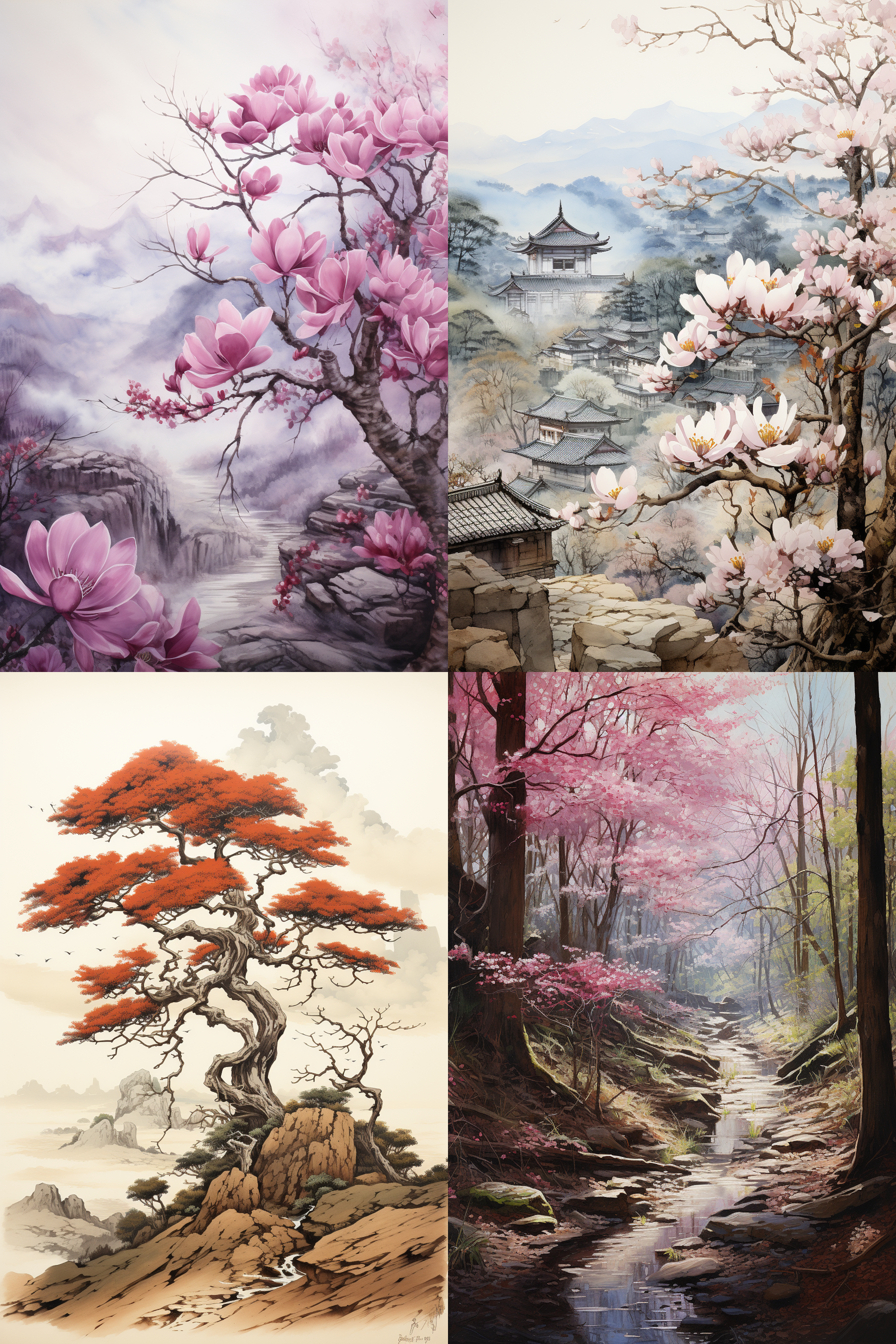 the magnolia-tipped trees in valleys, soft lighting, chinese ink painting