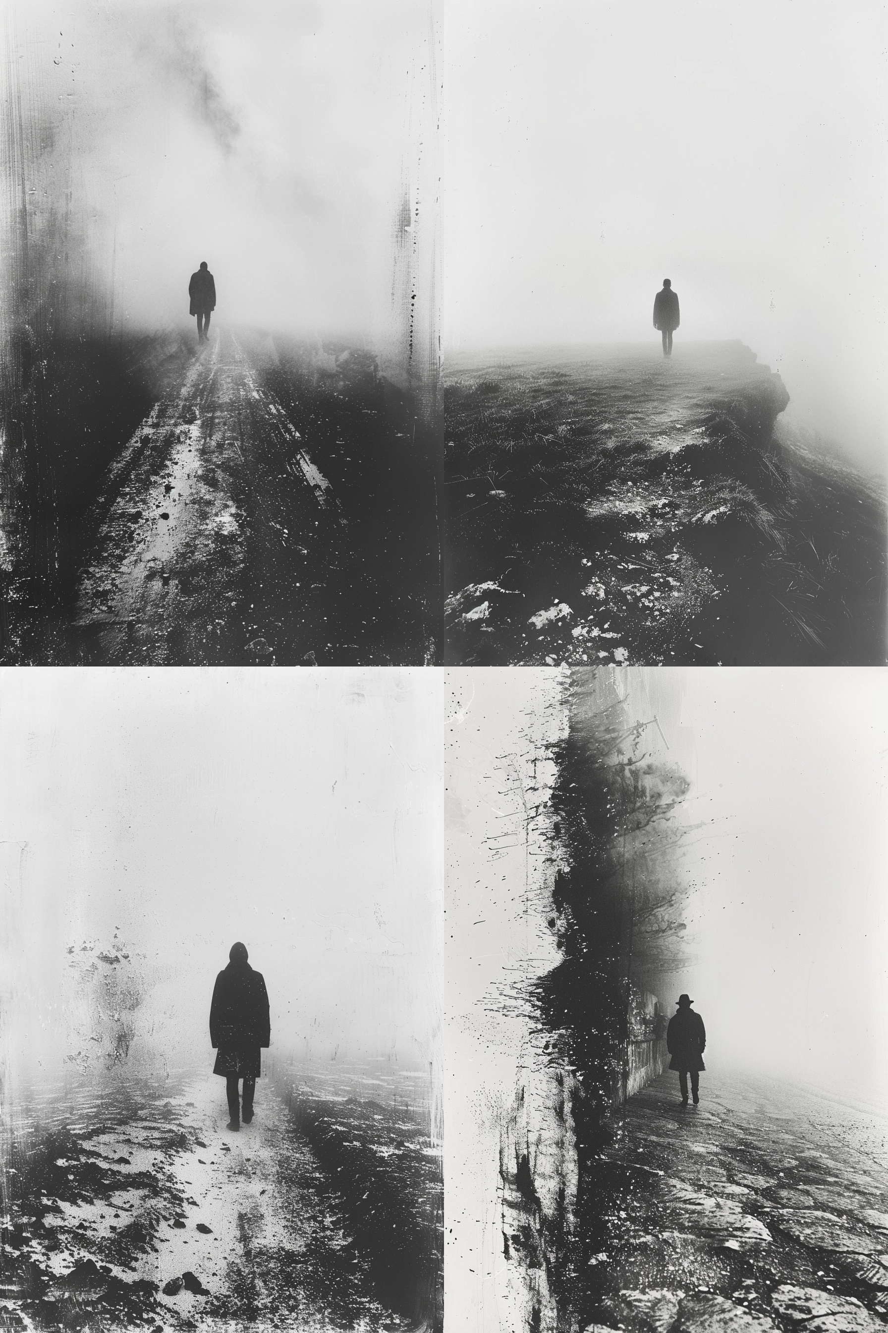 fine art photography of coarse film grain, extreme grainy texture, a perfect figure, long shot, slow shutter, lost focus, low contrast, white hue, bw, minimalist, simple ,center, shot from far away