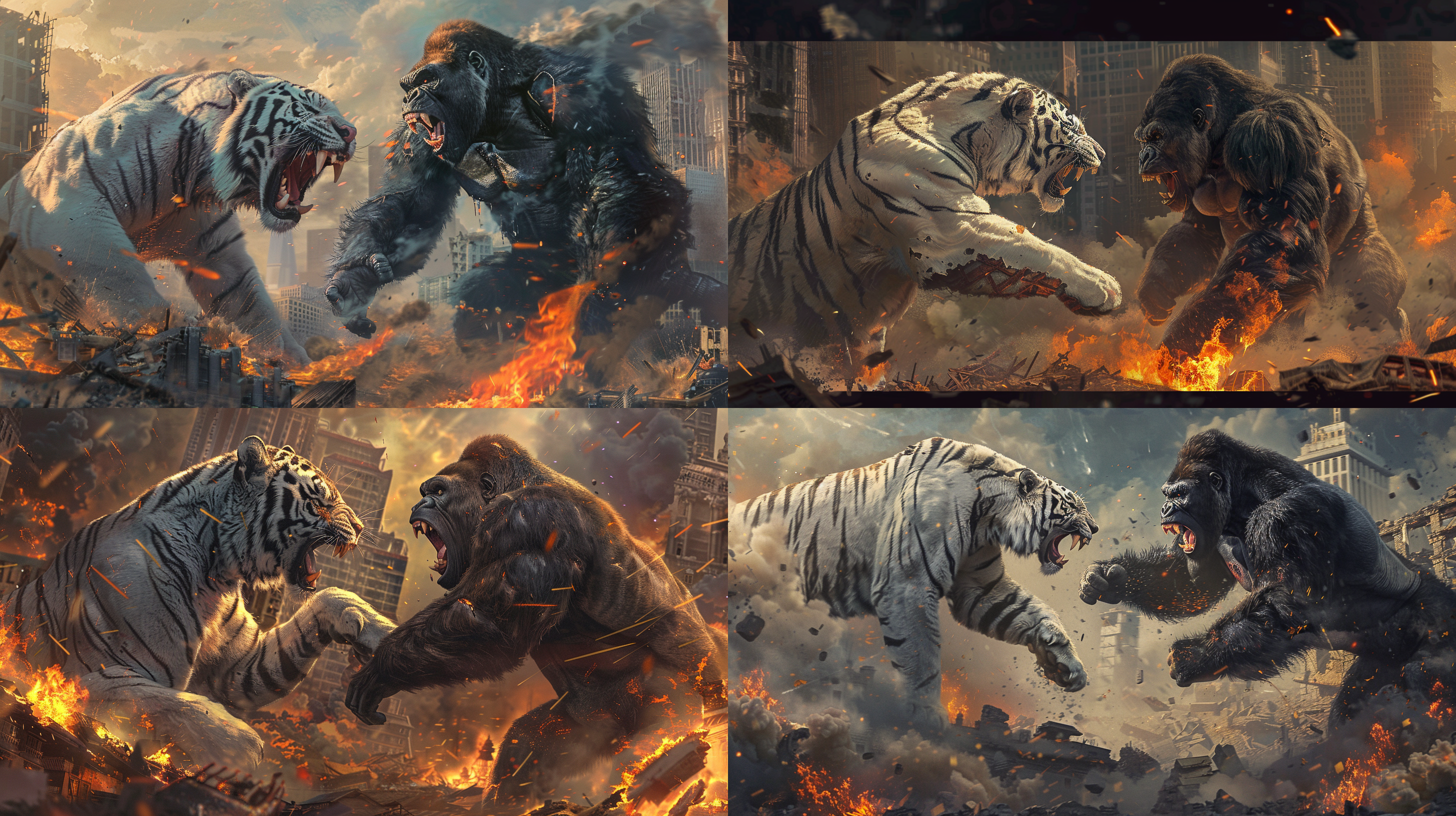 a giant white tiger, and a giant black gorilla are fighting in the middle of the city, the two giants are fighting each other, their mouths are open and snarling, their skin is in flames and white smoke is coming out of their bodies, standing over the city, with flames and smoke underneath their feet and all around them, next to the ruins and shattered buildings, photorealistic, photography, realistic, photorealistic quality, surrealistic details, ultra hd, pixel-perfect, high definition, 8k