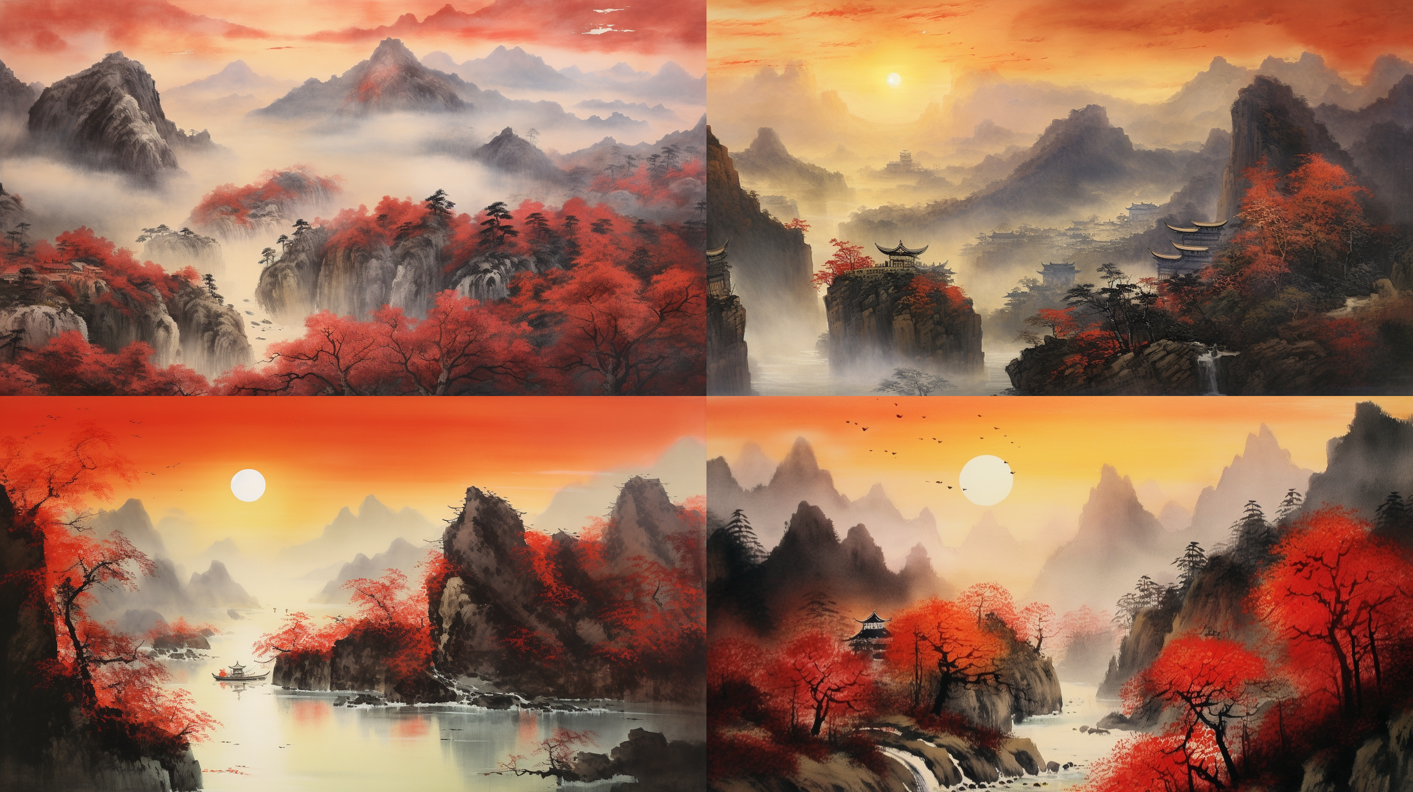 中国水彩画，融合了傅抱石，关山月两位大师的风格，高山大岭，长城，黄河，气象万千，一轮红日照耀群山，整体气势磅礴、恢弘大气。