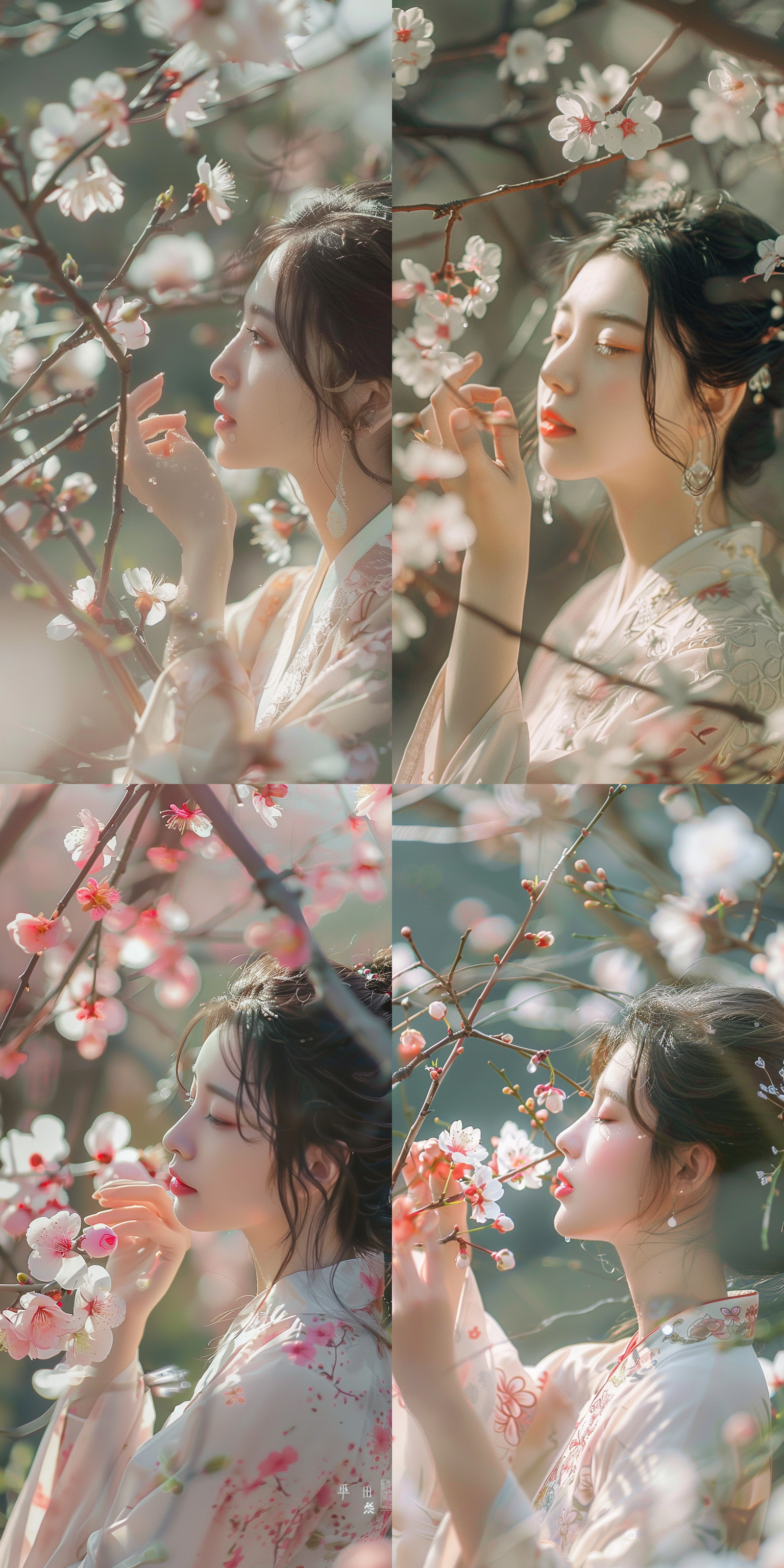 明时节，一位身着传统汉服的女子在伸出手去抚摸桃花，镜头聚焦在桃花上，桃花上有几滴露水，正确的手势，细节优化，16k输出，复古色调，柔和光线，静谧氛围