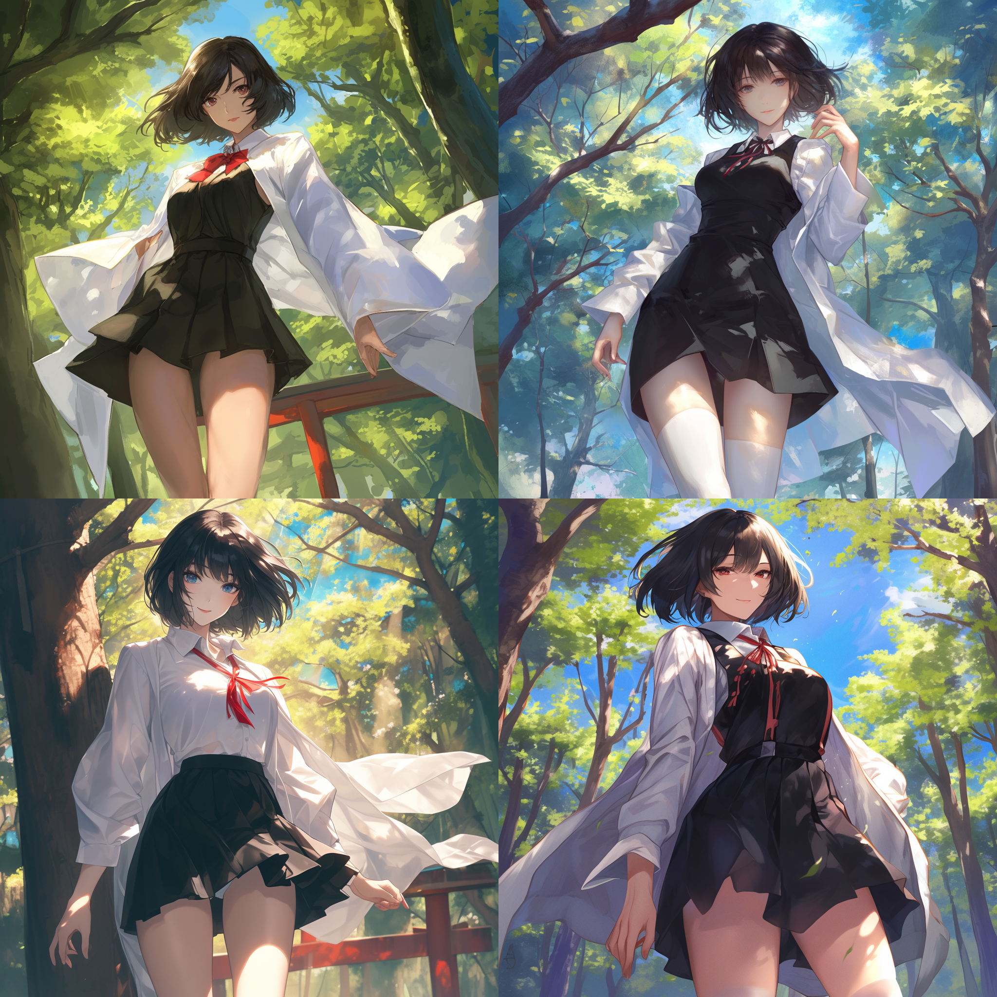 白丝长腿，jk制服，树林背景，站立姿势，黑色短发少女，目光坚定，英姿飒爽，长焦镜头，自信微笑，红色嘴唇，高饱和度，自然光，自然风。