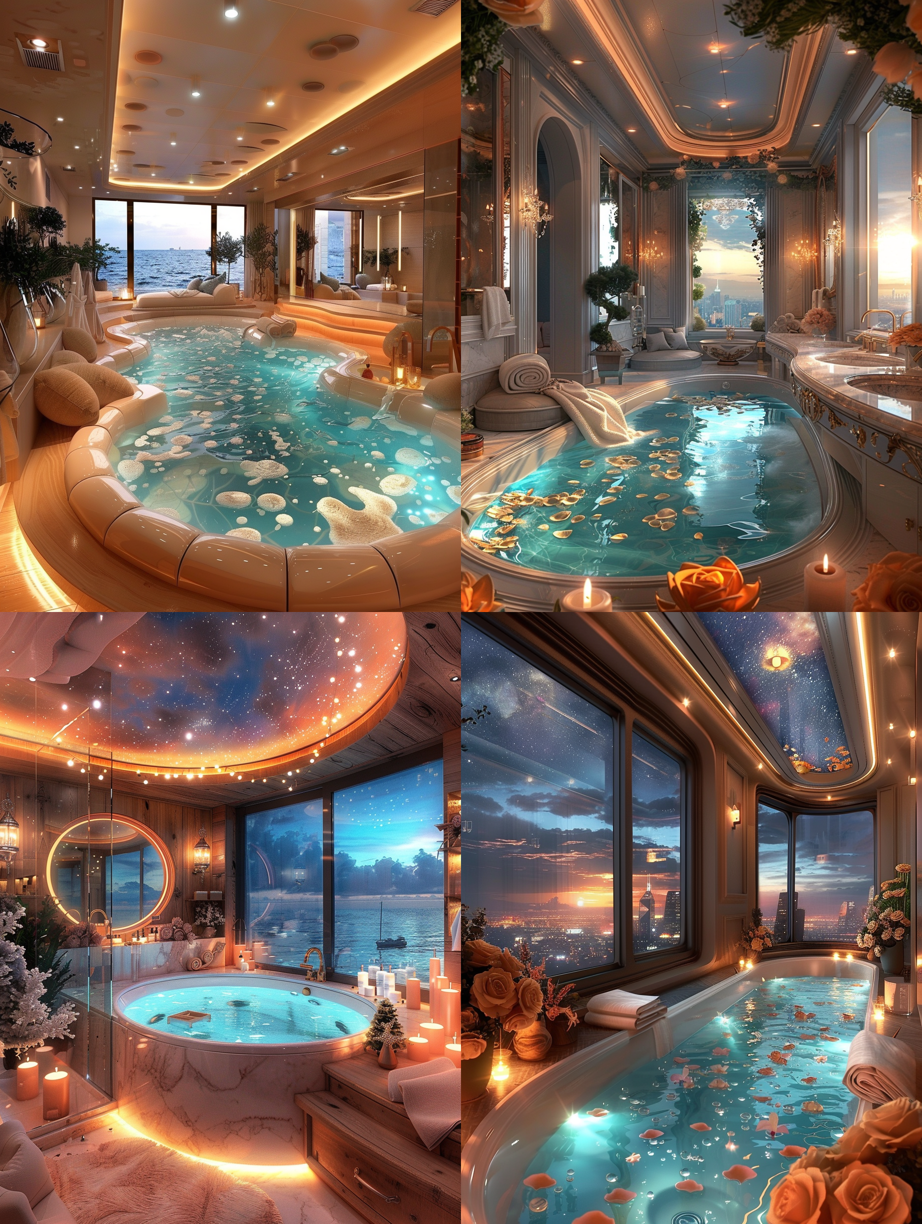 根据以下描述画一个浴室：一个超大豪华浴室，设计精美且充满舒适感。这个浴室空间广阔，装饰豪华。内部装潢采用温暖的色调，配以高端的精致的装饰元素，营造出一个温馨而放松的环境。中心位置有一个大型的浴缸，周围放置了软垫的躺椅。此外，大面积的镜子和周到的照明设计，不仅增强了空间的明亮感，还使整个浴室显得更加宽敞豪华。最高画质，最佳杰作，高分辨率，复杂的细节，非常详细，超逼真，颜色丰富