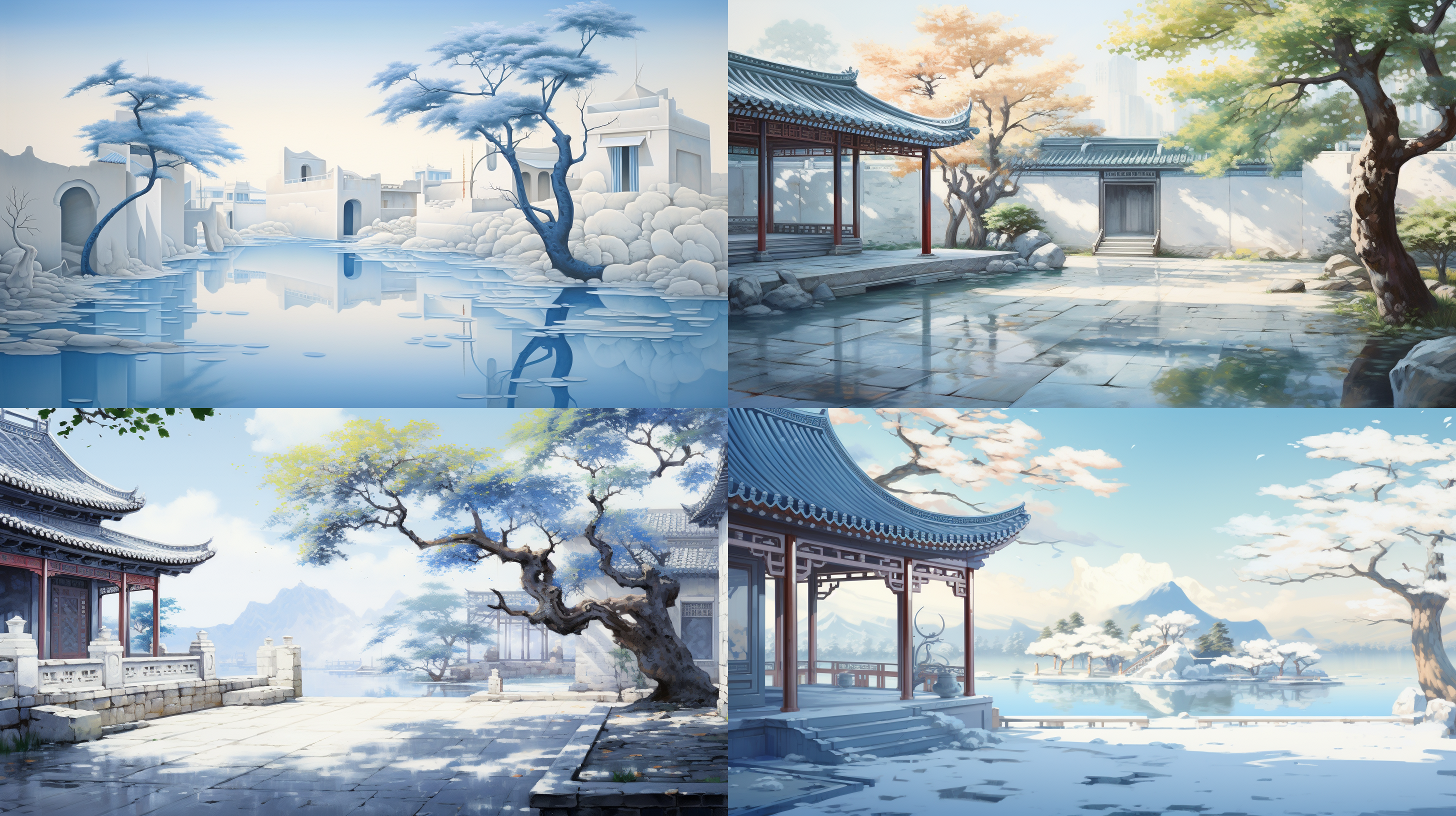 山水画，中国庭院，光艺术风格，传统中国元素，墙体雕塑装置，半透明轮廓阴影，柔和照明，浅蓝与天蓝色调，ar 70:43，山水，湖泊，优美。