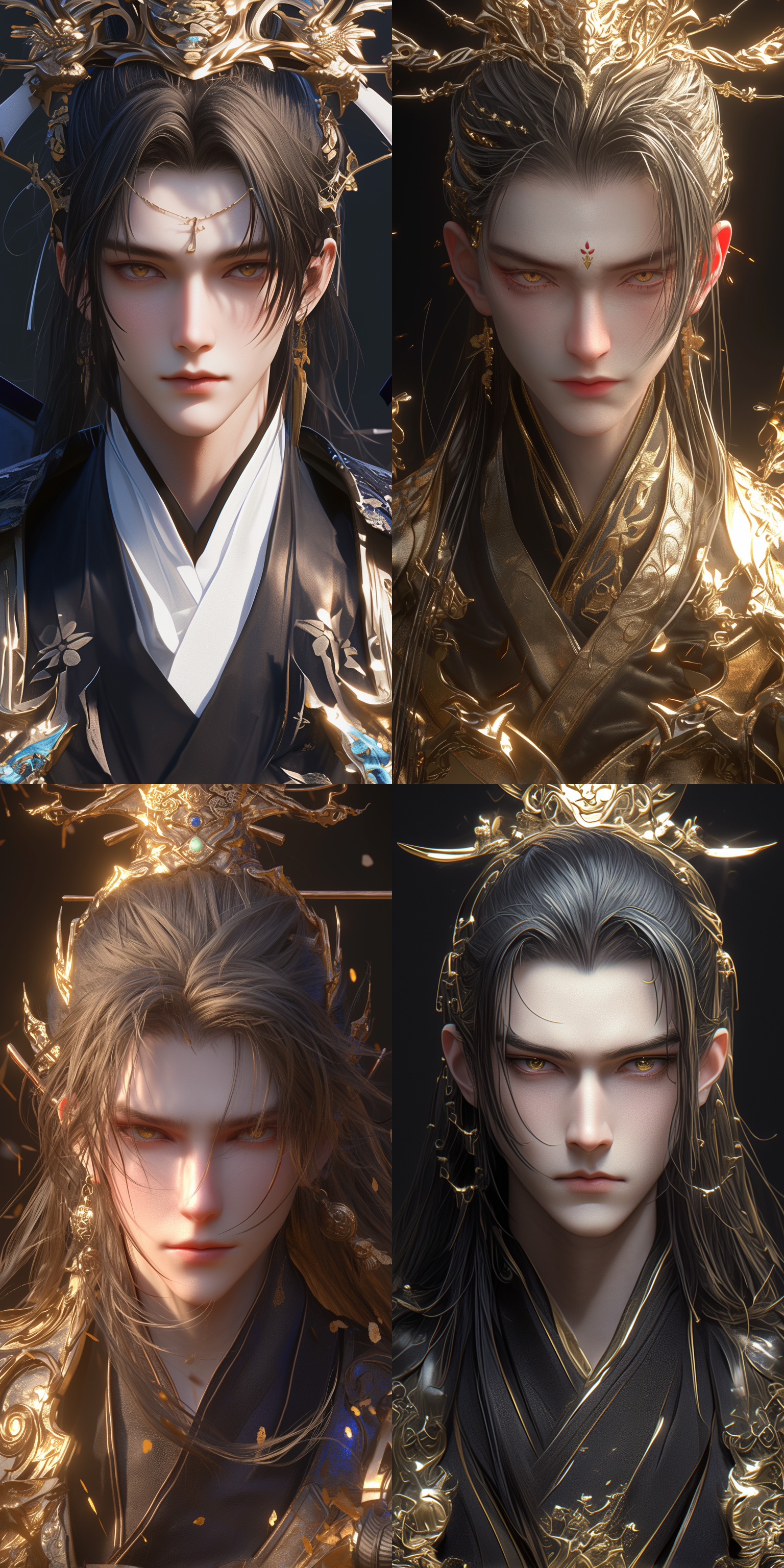 一个中国古代年轻的男子，超级帅气高级精致面容，眉毛细长，有双眼皮，金色长发，头饰，金色的眼睛，薄唇饱满线条清晰，顺光，极尽逼真，超清画质，8k，古风，古建筑，3d建模，对称的脸，复杂的细节，逼真，上半身视角，黑色繁琐古装，湖水般清澈的凤眼