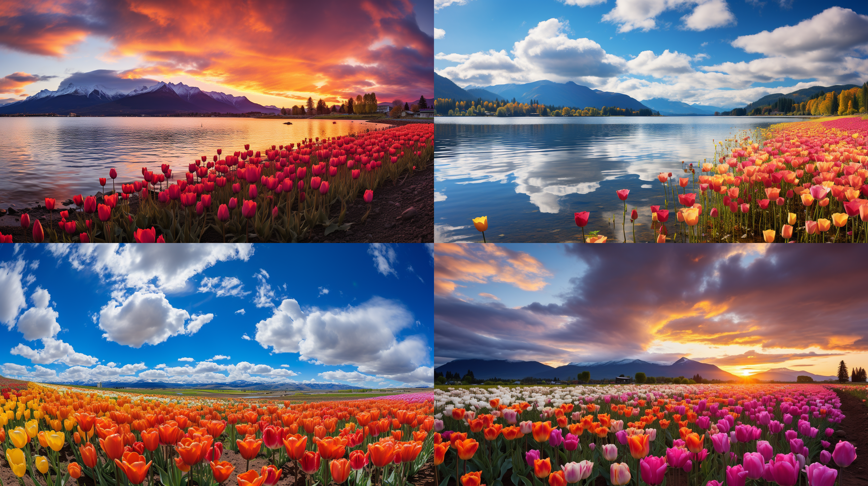 郁金香花田，大片湖泊，清晨，远处绿色树林，草原，山峦，飞鸟，大景深，高清彩色摄影，湖水倒影，日出，阳光灿烂, 风景, 自然, 花卉, 湖泊, 山脉, 晨光, 高清晰度, 生动色彩, 宁静, 温暖。