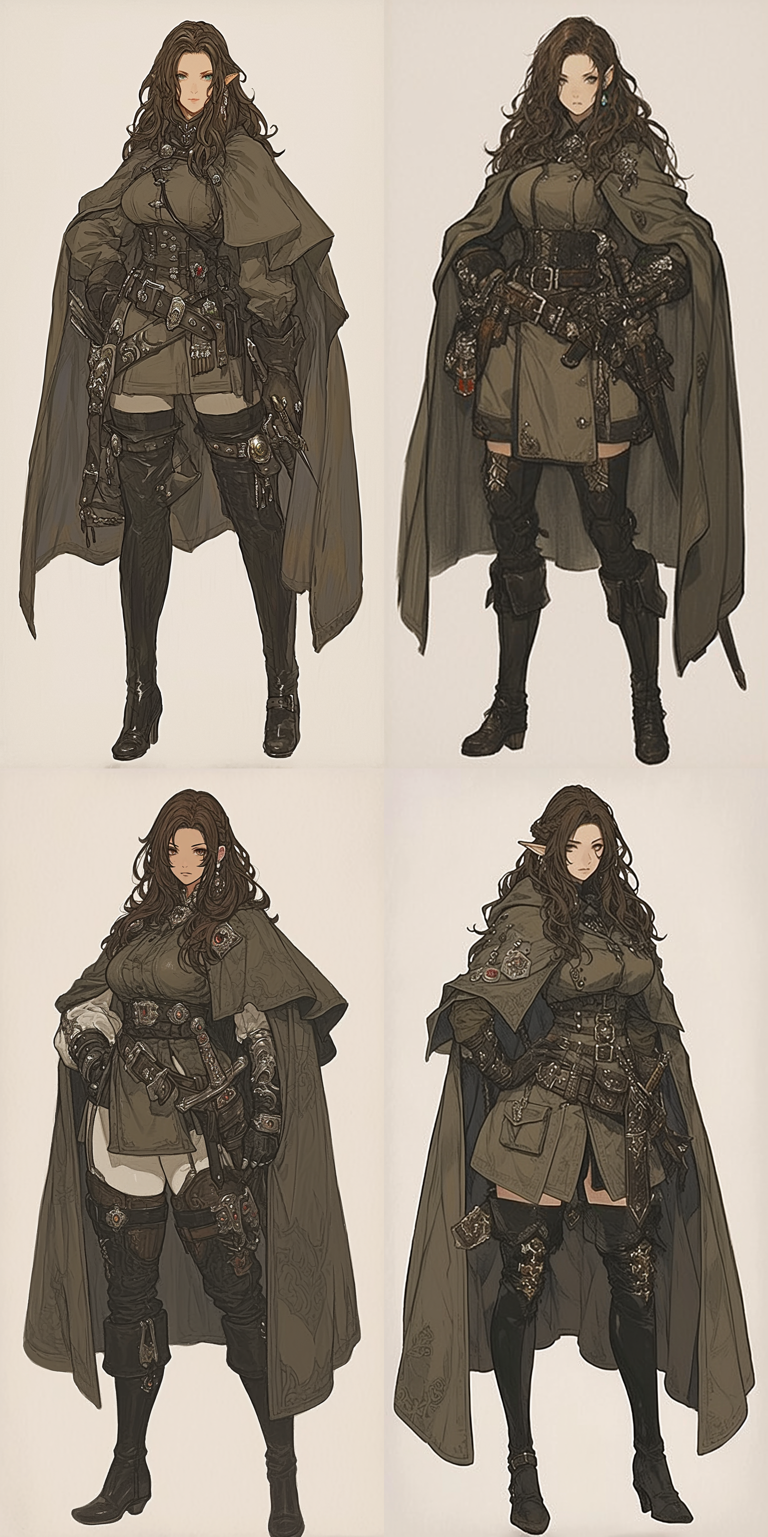 elf ，archer，棕色长发，宝石耳坠，绿色短披风，绿色外套，皮革护臂，皮革腰带，黑色长袜，黑色过膝长靴，6k，奇幻