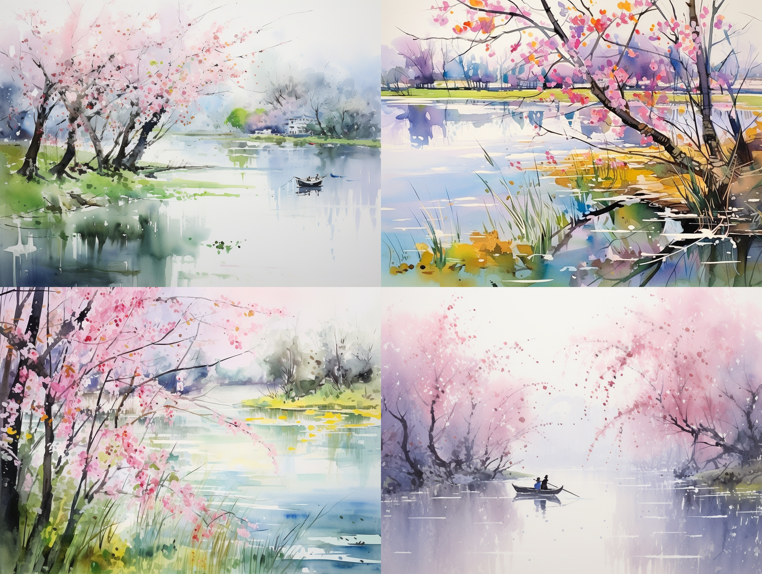 水彩画风格，吴冠中风格，湖畔垂柳，鸳鸯，远处樱花，宁静惬意，大师风格，明亮色调，模糊背景，梦幻般光影，细腻绘画风格。