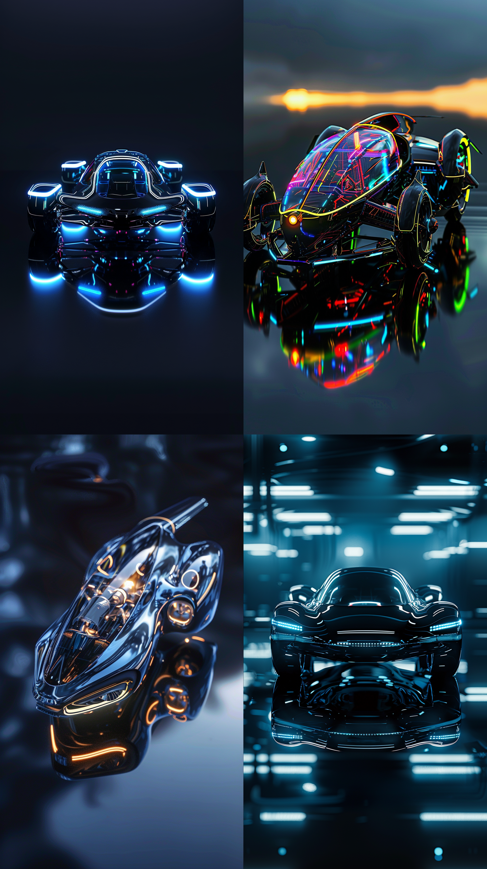 全息3d飞行汽车，黑色高反射背景，飞行汽车，全息技术，全息色彩，未来感，先进感，科学感，最佳画质，3d，3dmax，oc渲染，高级感。