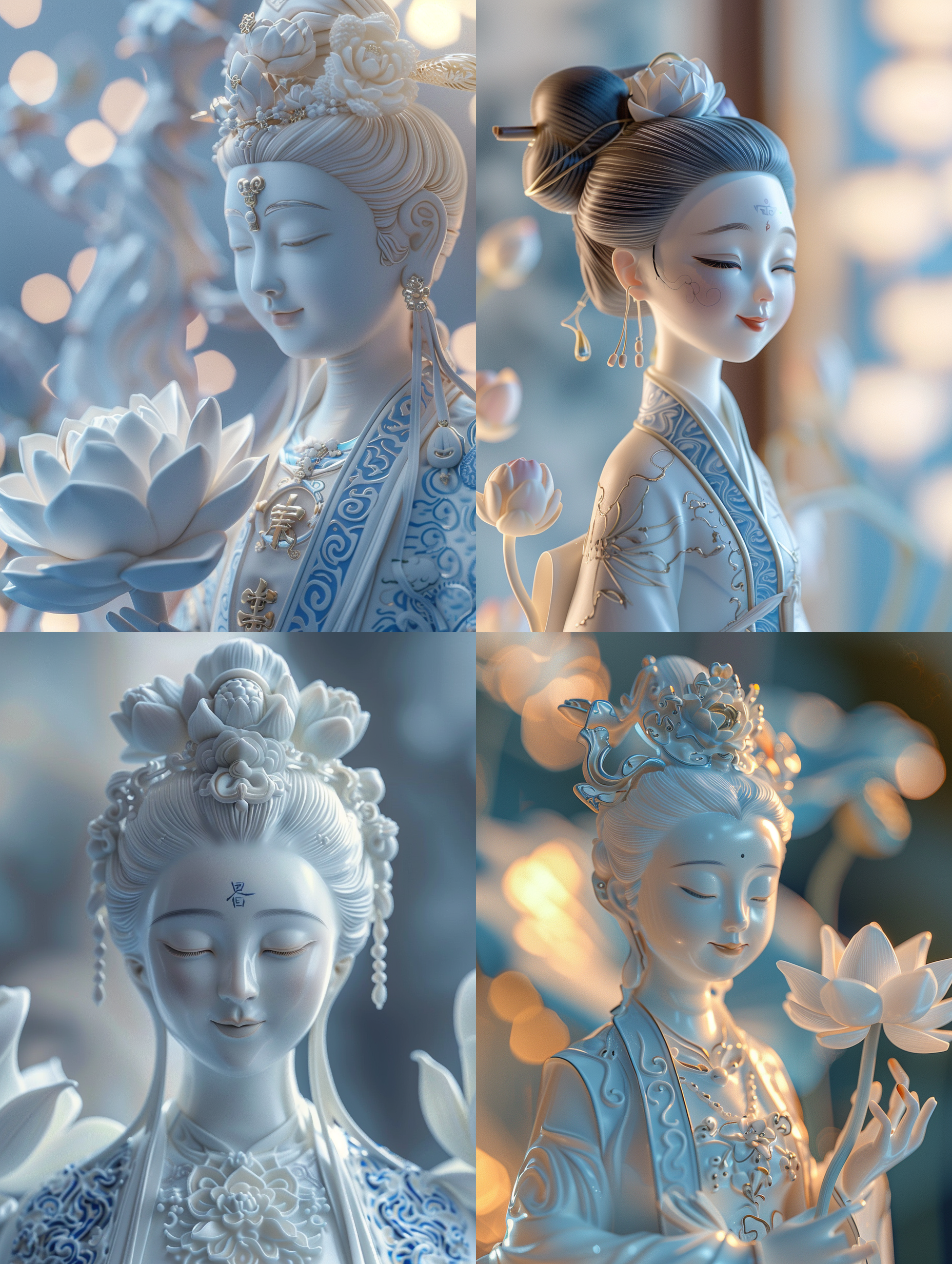 中国白瓷雕像，古风美女，脸部洁白，柔和光线，微笑，身穿汉服，汉服是青花瓷图案，白瓷质地，光线明亮，传统服饰，端庄，宁静，亲切，皮克斯风格，c4d渲染，oc效果，高清，8k 三维 干净背景 虚化 白 瓷 明亮的 高调照明 瓷器 荷花
