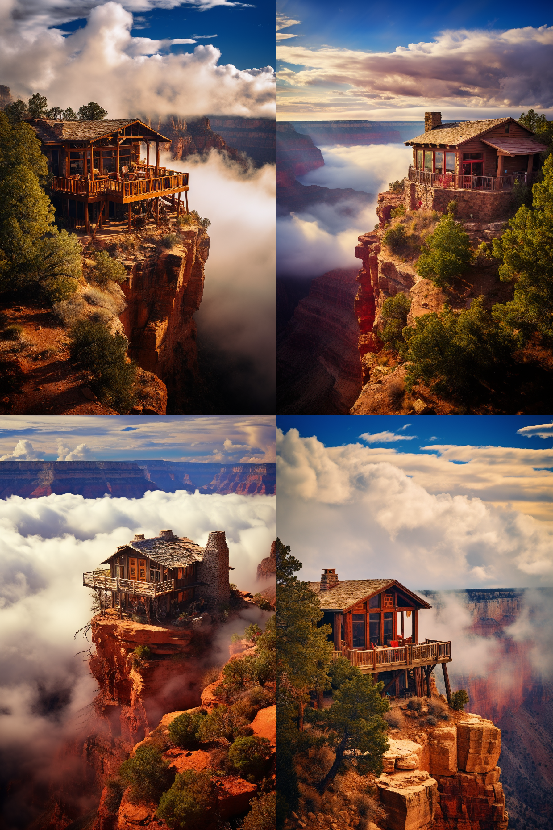 大峡谷木屋,高视角,广角镜头,云雾,鲜花,悬崖,神秘人,远眺,宏观,暖色调,风景,神秘感,自然,壮丽,震撼。