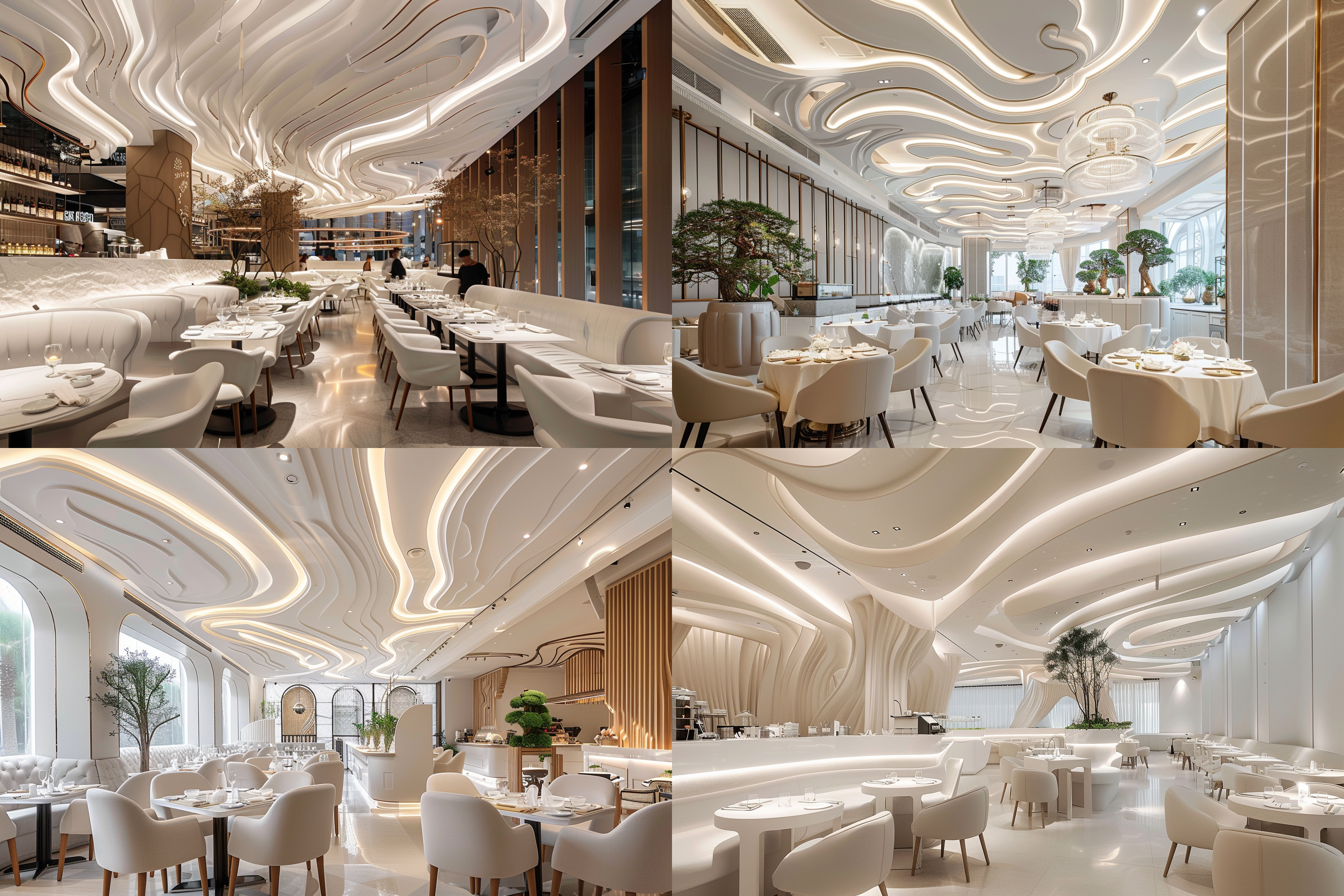 高档西餐厅内，优雅氛围，白色调，广角镜头，灯光温暖，奢华感强烈。