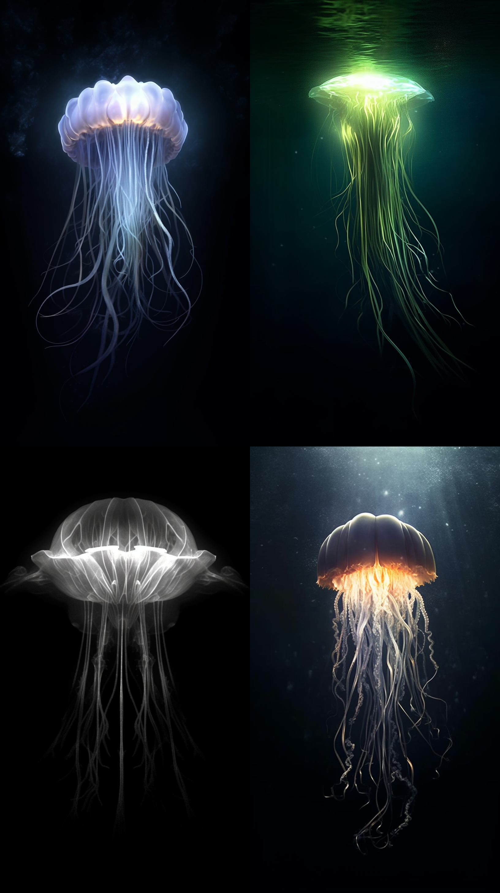 艺术品、水下幻觉、一个向光上升的鱼、空灵的氛围、发光水母触手在黑暗深处的精致花饰、极简主义的，简单、现代的设计、来自上方的光源创造出天堂般的光芒、主体的亮度和周围的黑暗之间的鲜明对比、唤起自由、逃避或超越的回忆、一种平静的孤独感