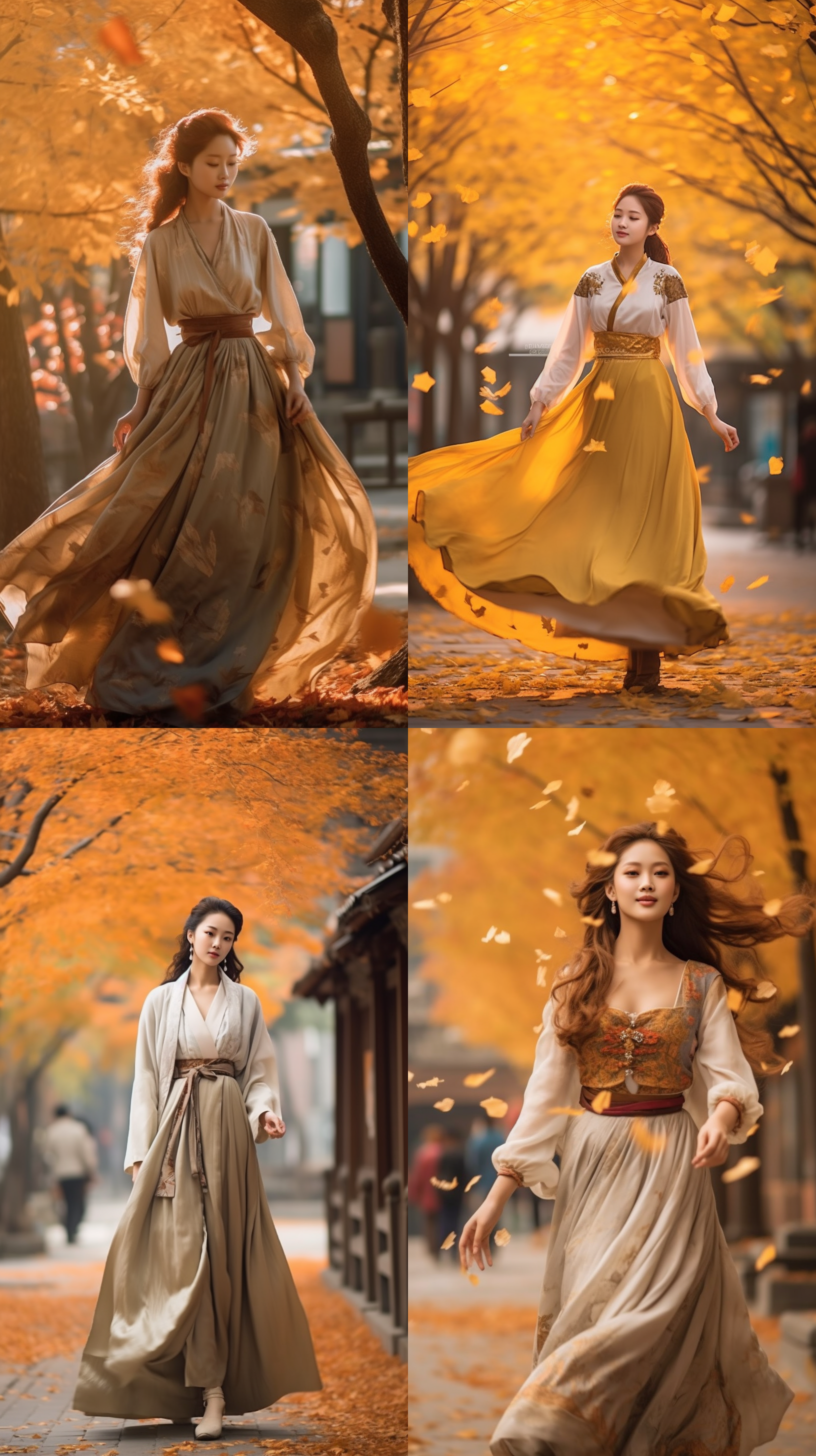 hanfu beauty, autumn breeze and falling leaves on the streets, traditional setting, soft colors, portrait mode, flowing hair, smile, 50mm prime lens, evening sunlight, graceful movements, traditional elements, soft color tones, tranquility.,,in clothes