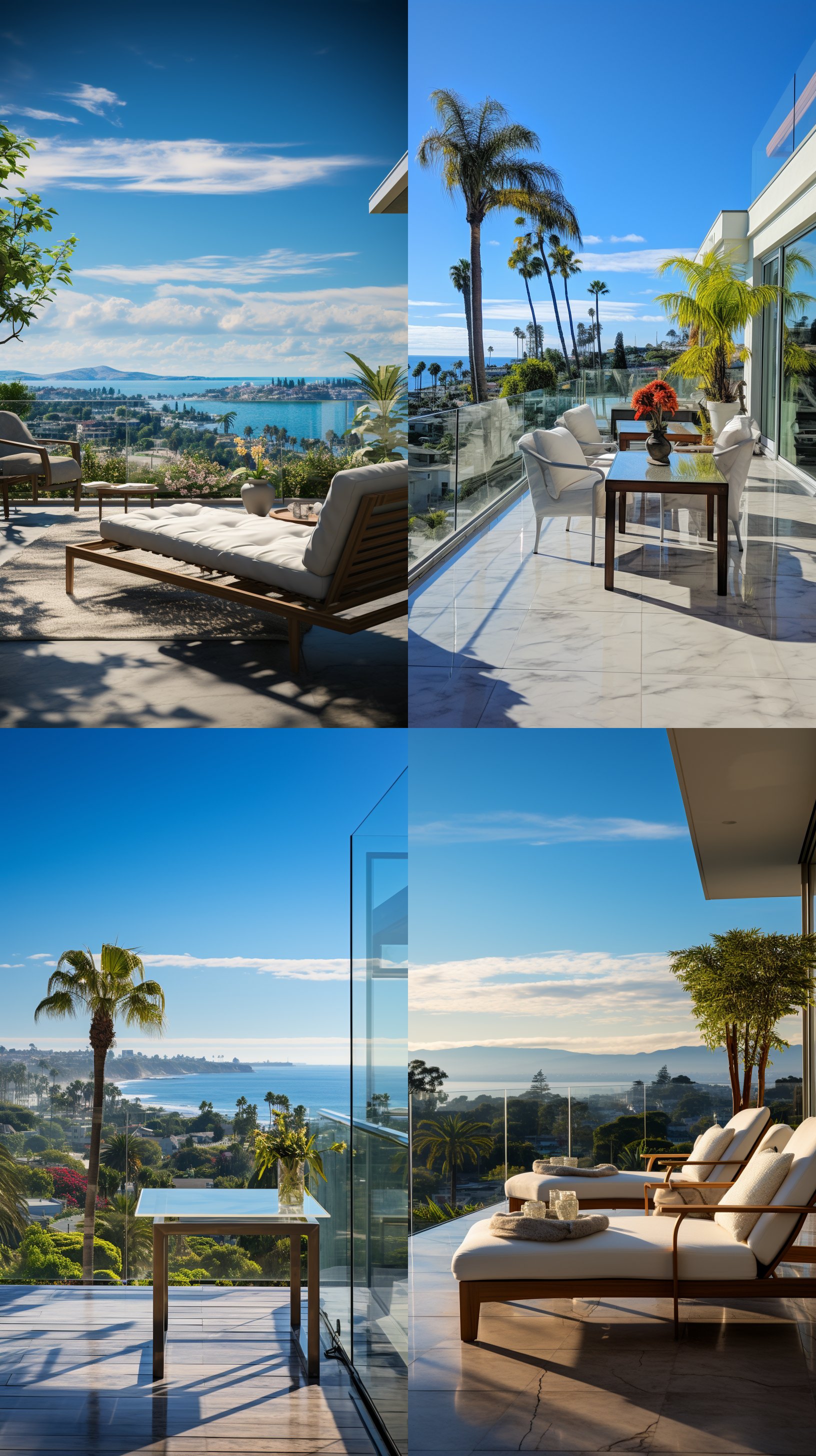 俯视露台，大面玻璃栏杆，海洋一览无余，明亮自然光，现代城市风景，宽广镜头，细节丰富，静态放松，真实照片，高对比度，明亮色调，户外环境，大卫林奇风格，阳光明媚，舒适轻松。