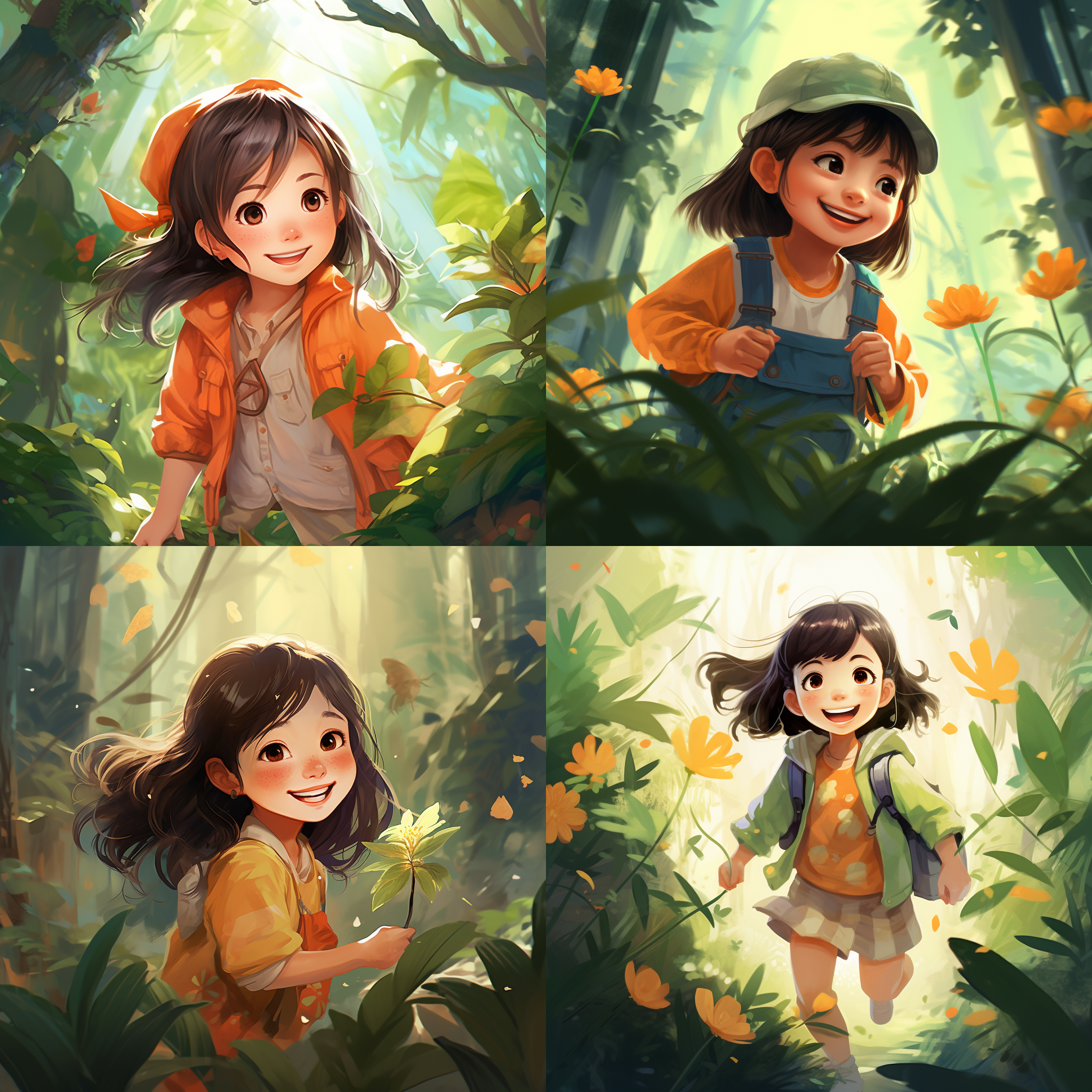 中国龙、小女孩微笑，森林里，植物，春天，童书插画风格，获奖图书插画，图文插画，温馨，欢乐，明亮色彩，柔和光线，细节丰富，生动。