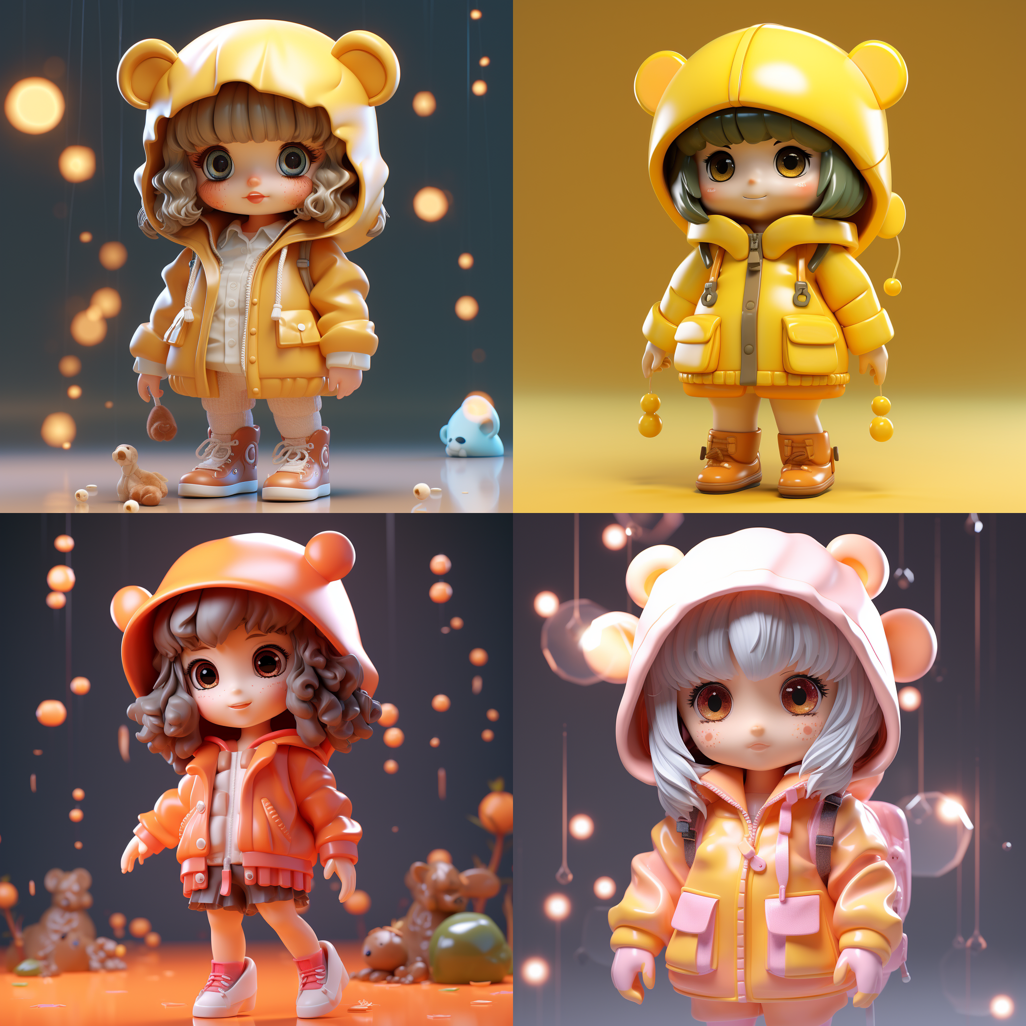 盲盒女孩，全身，q版，超级可爱，微笑，熊，半透明雨衣，泡泡玛特设计，明亮灯光，粘土材质，3d，c4d，oc渲染，混合模式。