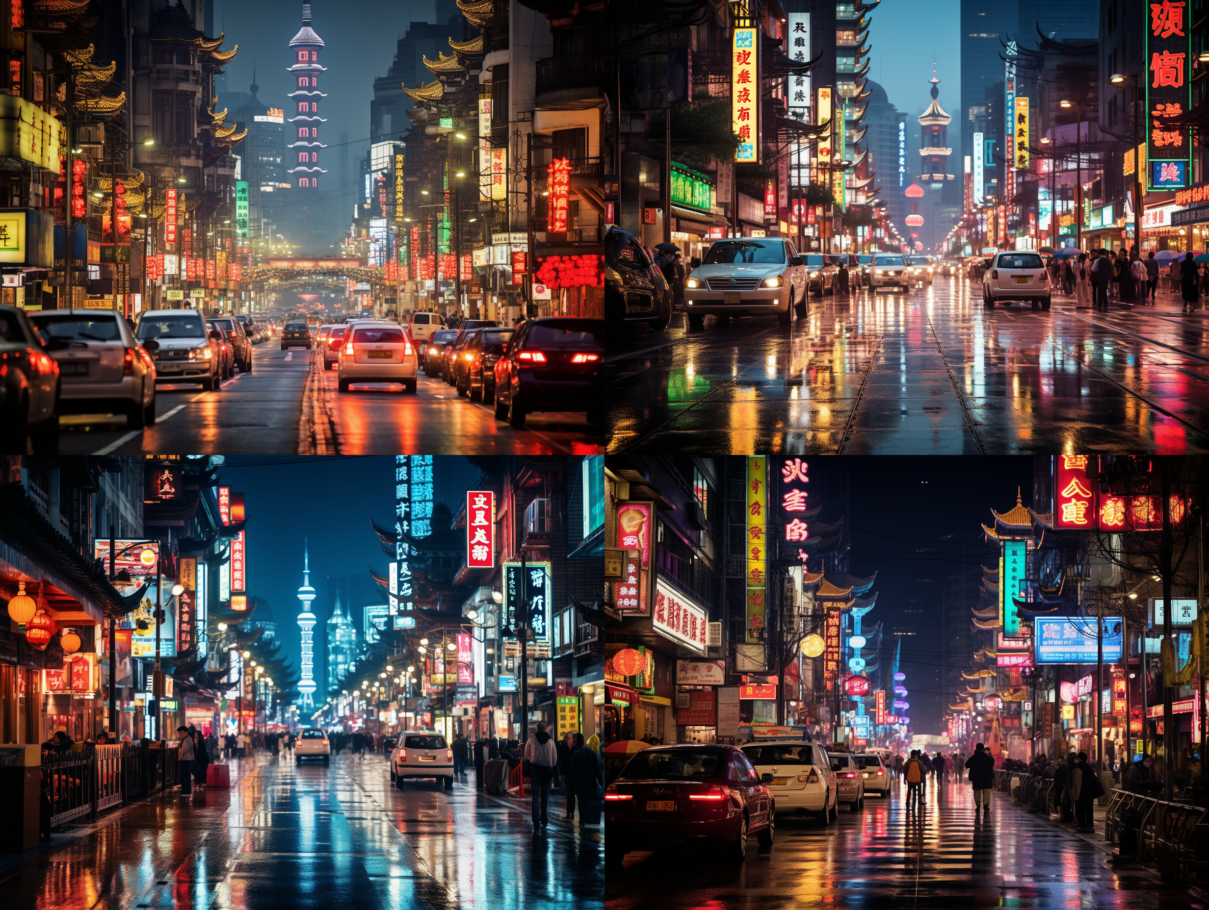 上海街道，繁忙市场，霓虹灯光，拥挤人群，传统建筑，夜晚景色，车流涌动，反射效果，现代与传统融合，繁华氛围。