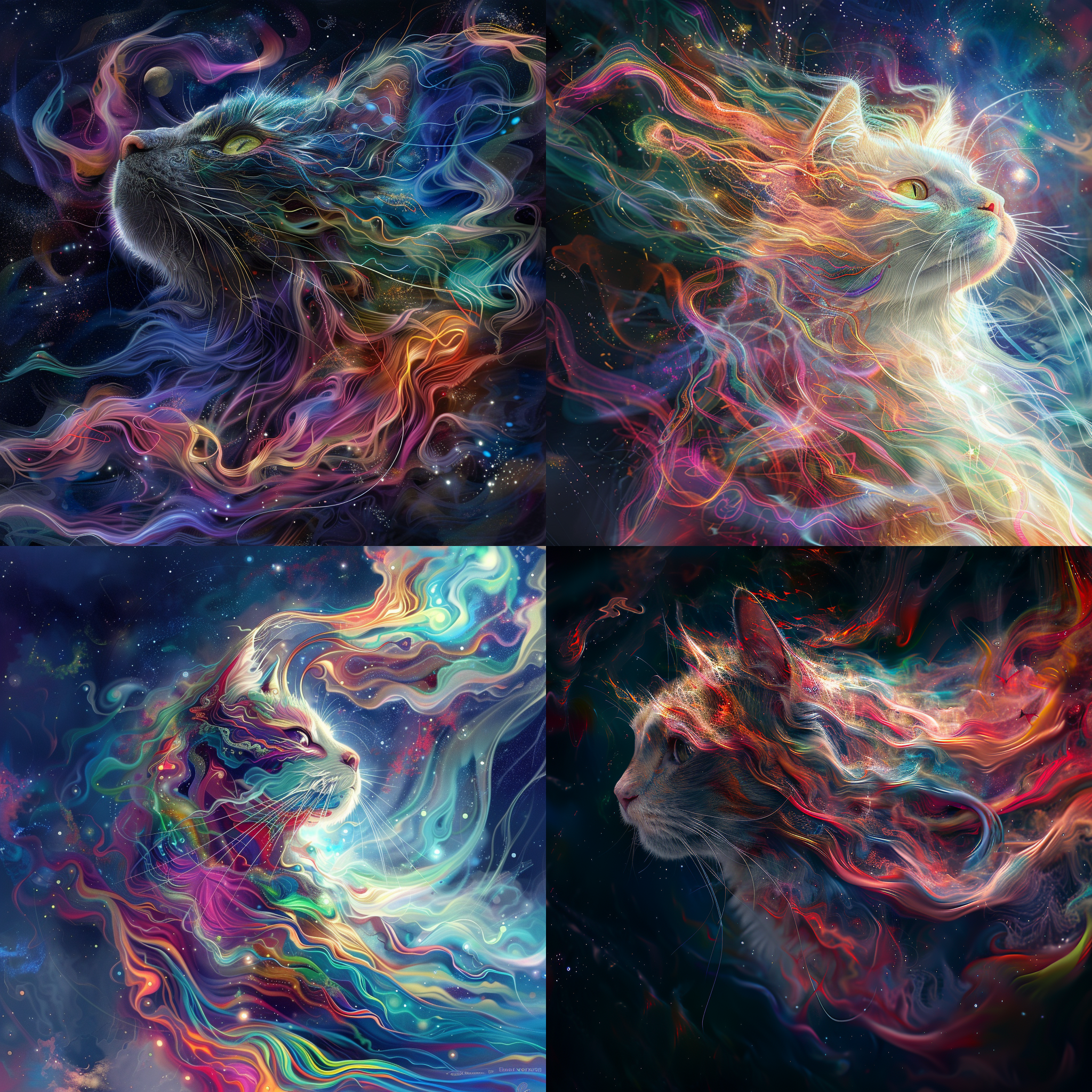 super detailed color graphics, cat in space, psychedelic flowing hair, adobe illustrator, highly detailed masterpiece, path based unbiased rendering, brightly coloured smoke, stunning 3 d render, colorful]”