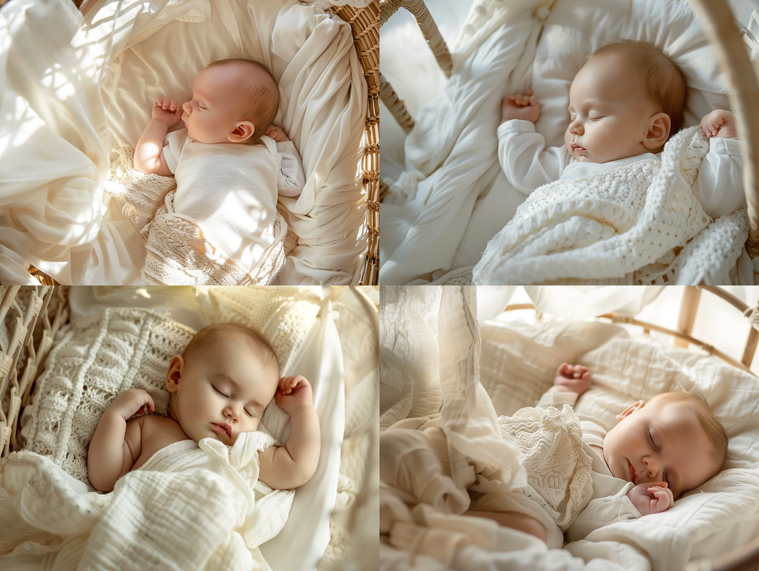 垂直90°角度视觉，在一个摇篮里面，一个婴儿躺在白色的床单上熟睡，明亮场景，儿童摄影。