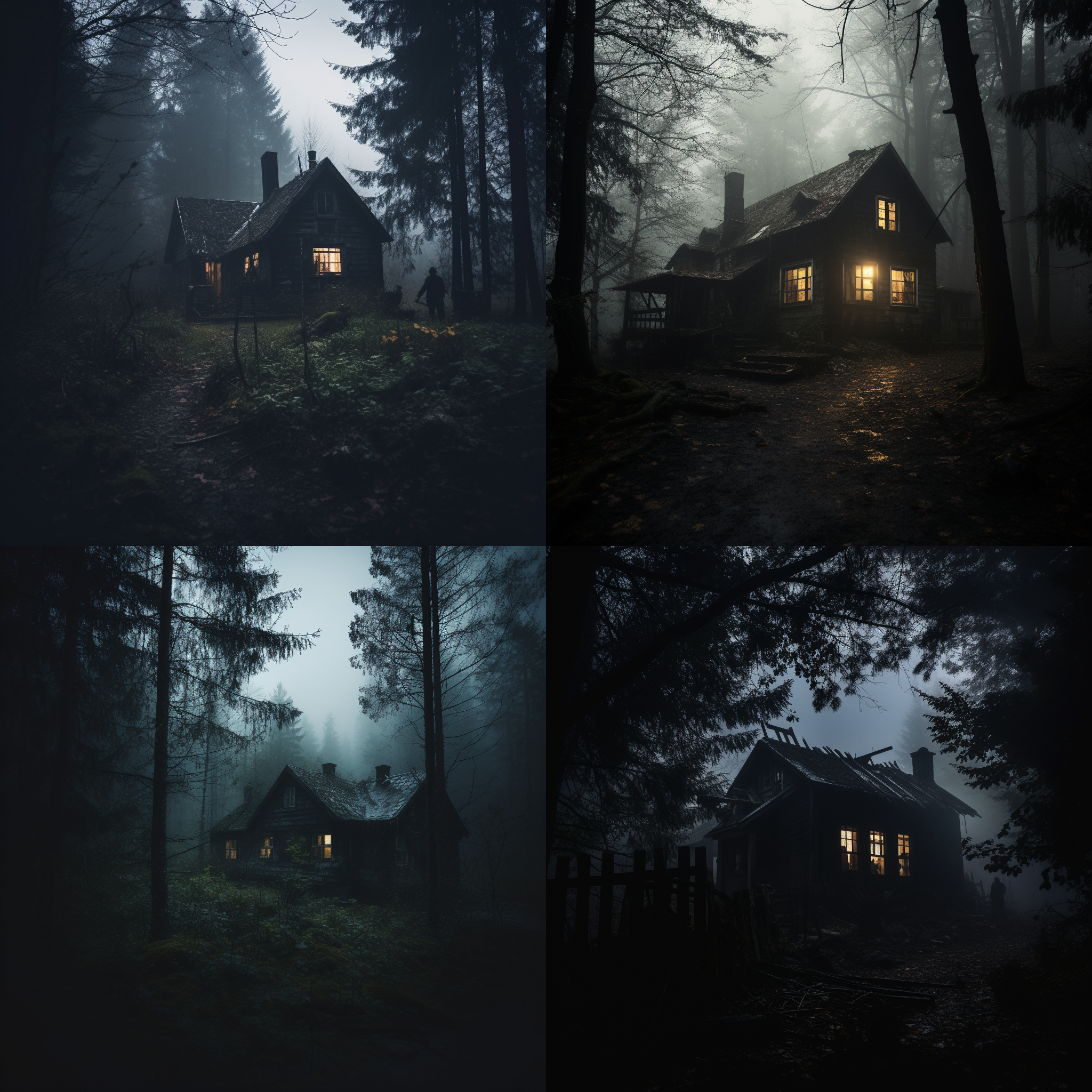 林中小屋，恐怖，悬疑，阴森，窗内的人影，阴郁天空，危险，凶器，低角度视角，暗调，长焦镜头，侧光，静止，紧张。