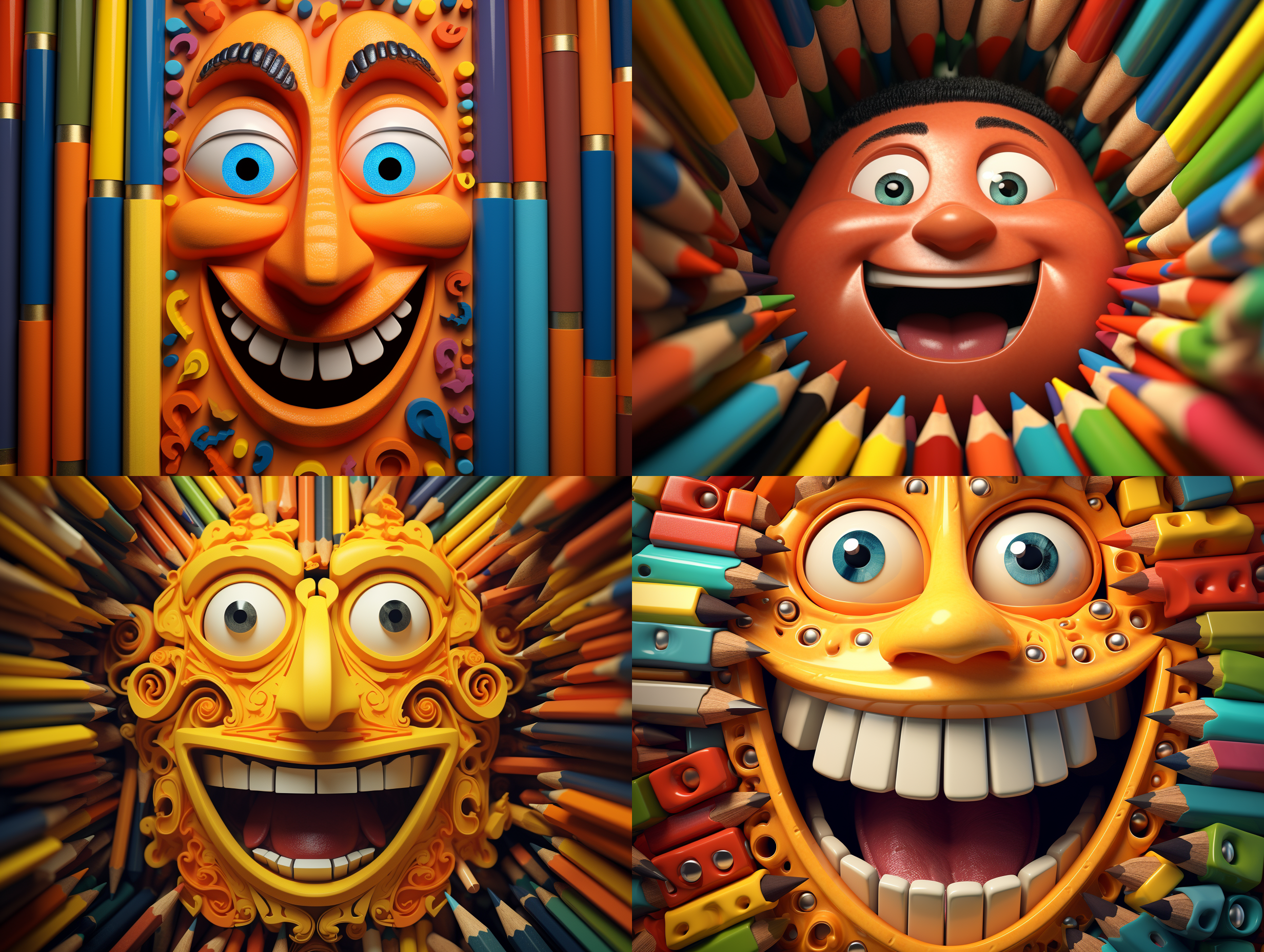 橡皮和铅笔，卡通拟人化，对称构图，明亮色彩，细节丰富，微距镜头，温暖光线，微笑，活泼。