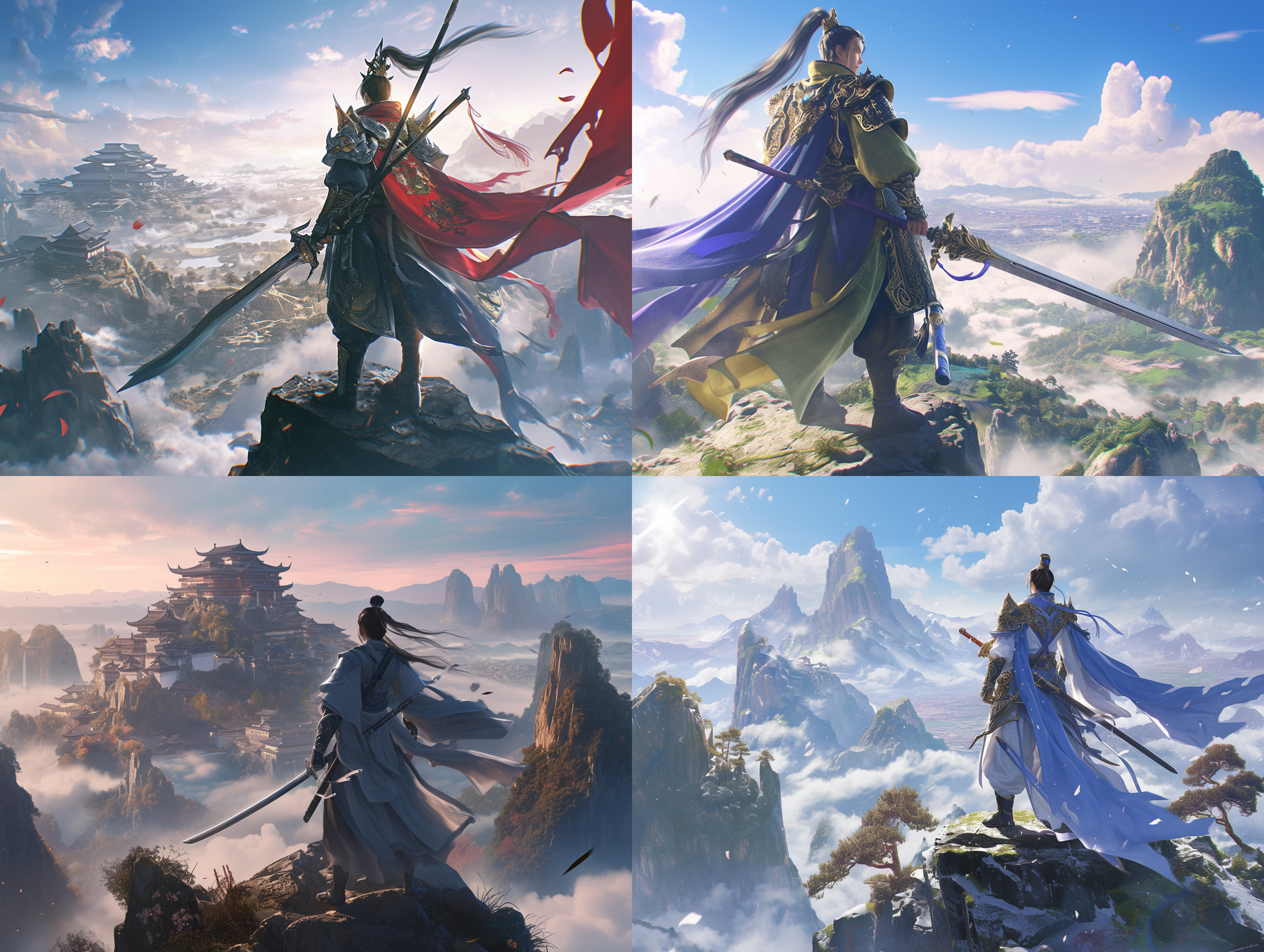 男主角身穿华丽的南北朝官服，手握长剑，立于山巅之上，迎风而立。广角镜头展现出仙侠风格庄严的气势，高饱和度和高度详细的辛烷渲染呈现出色彩丰富、鲜艳的幻想环境。电影般的动态表现力和复杂的细节令人惊叹，充满生动活力。8k分辨率和虚幻引擎呈现出非常详细的现实感。哭泣引擎加强了对比度，突出男主角的英姿飒爽。
