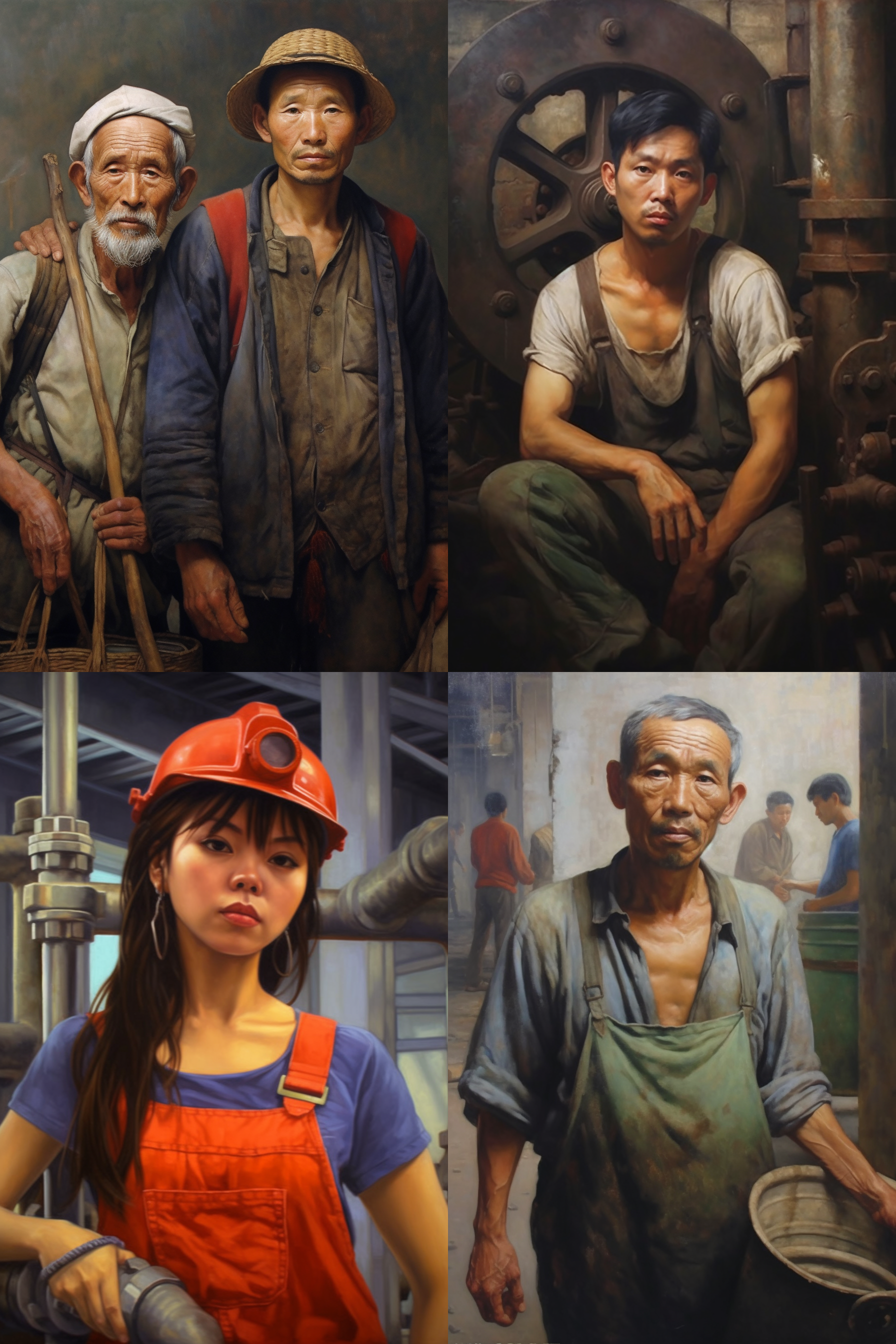 中国劳动者，古典写实油画，现代感，工业感