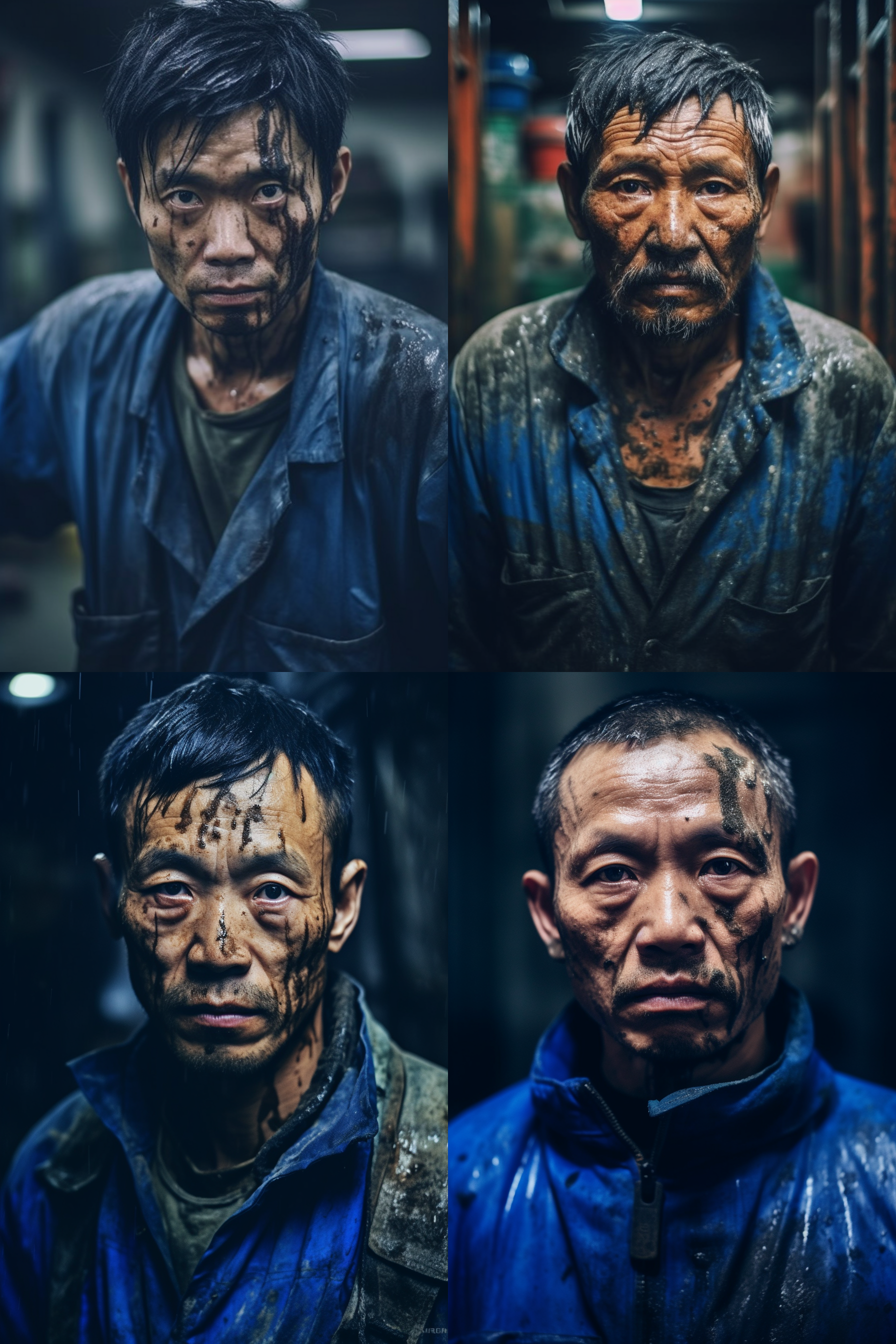 中国劳动者，丢勒，工厂车间内，汗水滴落，油污覆盖的工作服，专注的表情，蓝色调，环境肖像摄影，中焦镜头，手动对焦，劳动，坚毅，奋斗。