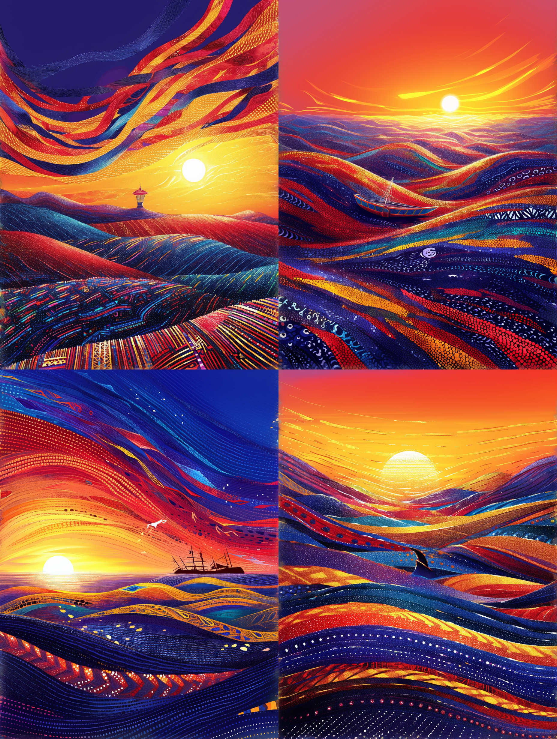 日出，红色和湖蓝色，船舶超现实主义，澳大利亚原住民艺术，惊人的点画绘画，风景摄影，有趣的图案，屡获殊荣的艺术，3:4长宽比，虚拟现实。