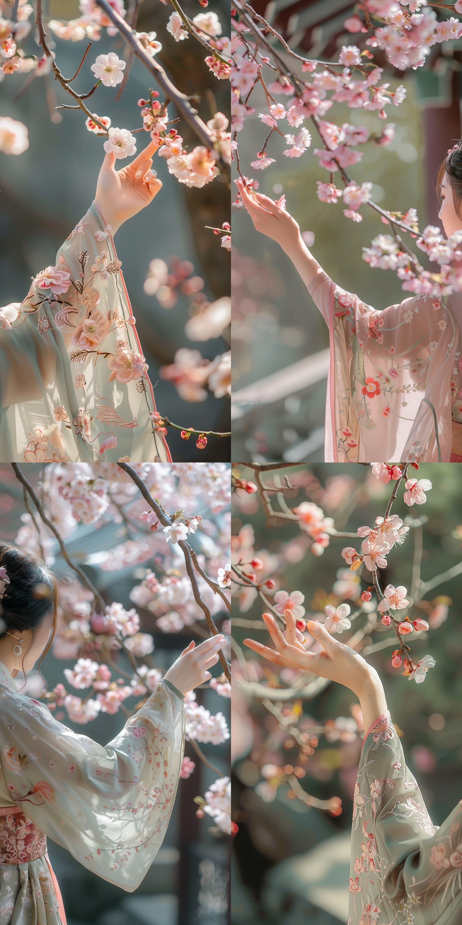 清明时节，一位身着传统汉服的女子在屋檐下伸出手去抚摸桃花，镜头聚焦在手部，细节优化，16k输出，复古色调，柔和光线，静谧氛围