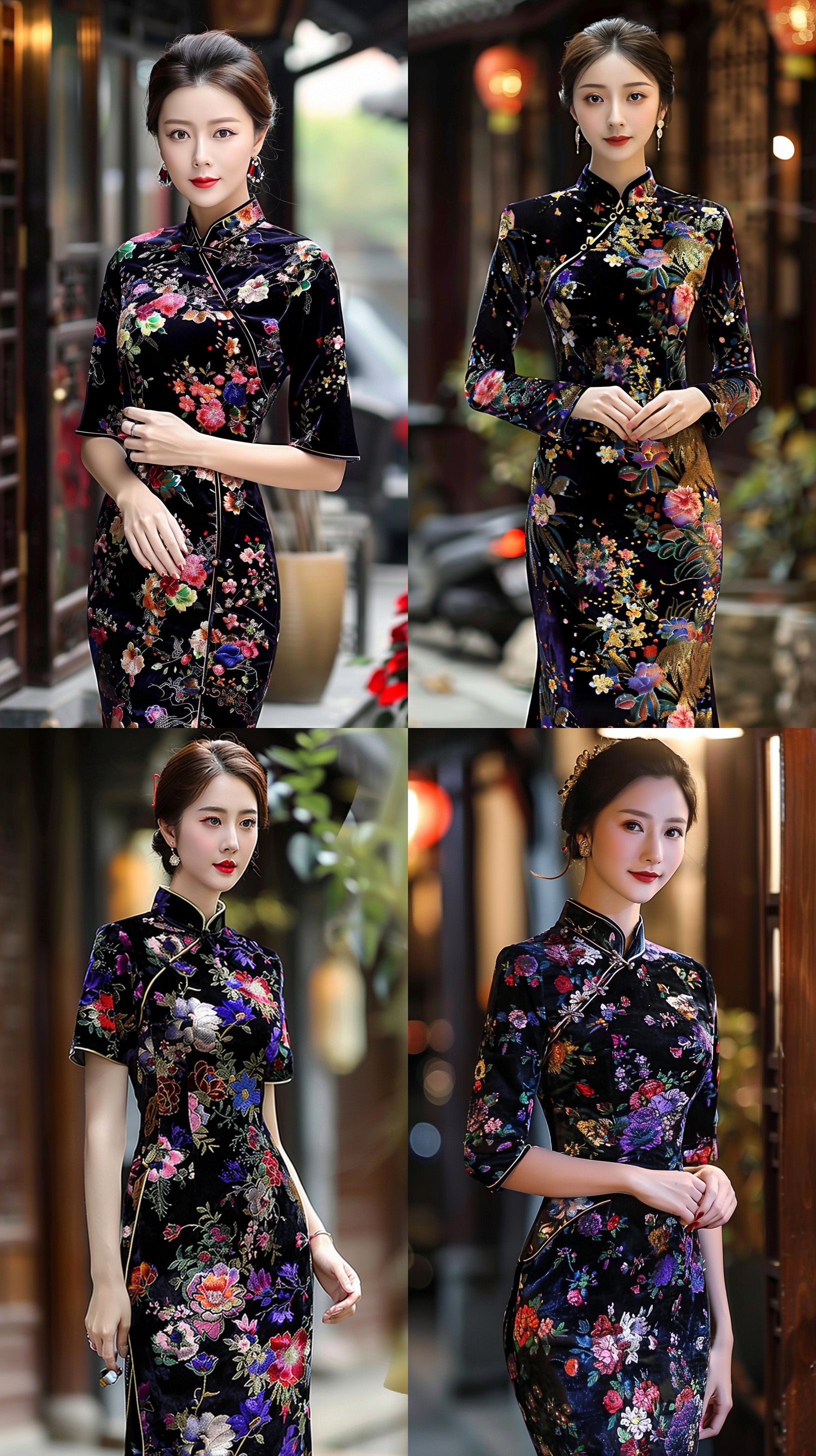 一位美女穿着满天星中长款丝绒旗袍裙，旗袍裙是以深紫色为底色，金黄色为封边线，配以朵朵盛开的鲜花图案，像满天星一样，立领封边，斜门襟，盘扣，一如旗袍常规款的设计元素，下方的裙摆到小腿中间位置，两侧高开叉一直到大腿根处，整体来说显得非常华丽，低调奢华不张扬，诱惑力十足，性敢迷人，魅力无限，虚化背景，消失点构图，，高贵的气质，时尚风格，杰作，超清细节， 电影灯光 ，