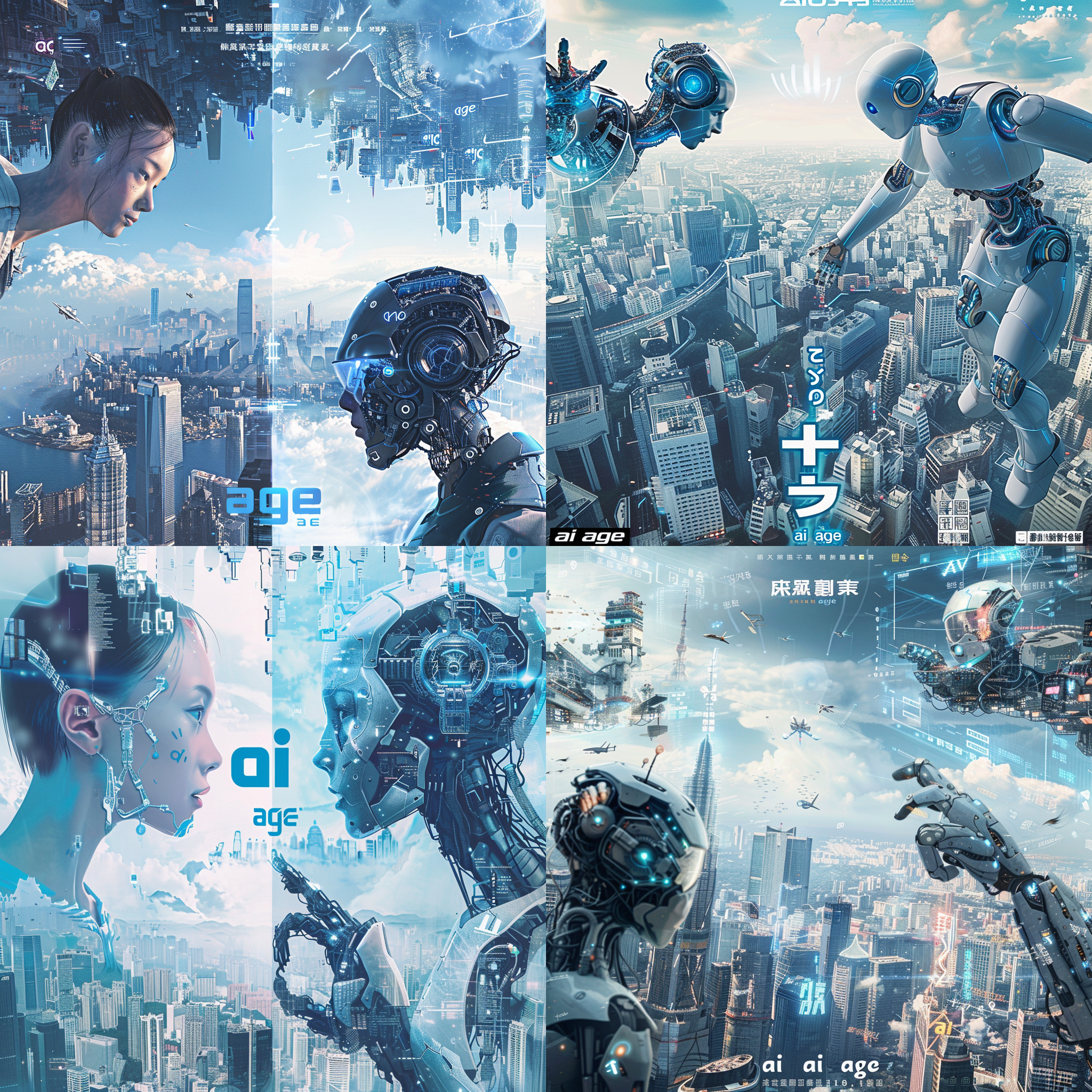 海报主体分为两个区块，在左边儿的区块儿里 有一个现代人在现代城市的上空 ，在右边的区块里，有一个机器人在未来城市的上空 ，画面充满科技感 ，醒目的蓝色的"ai age"字符在两个区块之间 ,为18号字体,两人都侧脸面对面 ，互相指着对方 , 主要基调为白蓝色 。