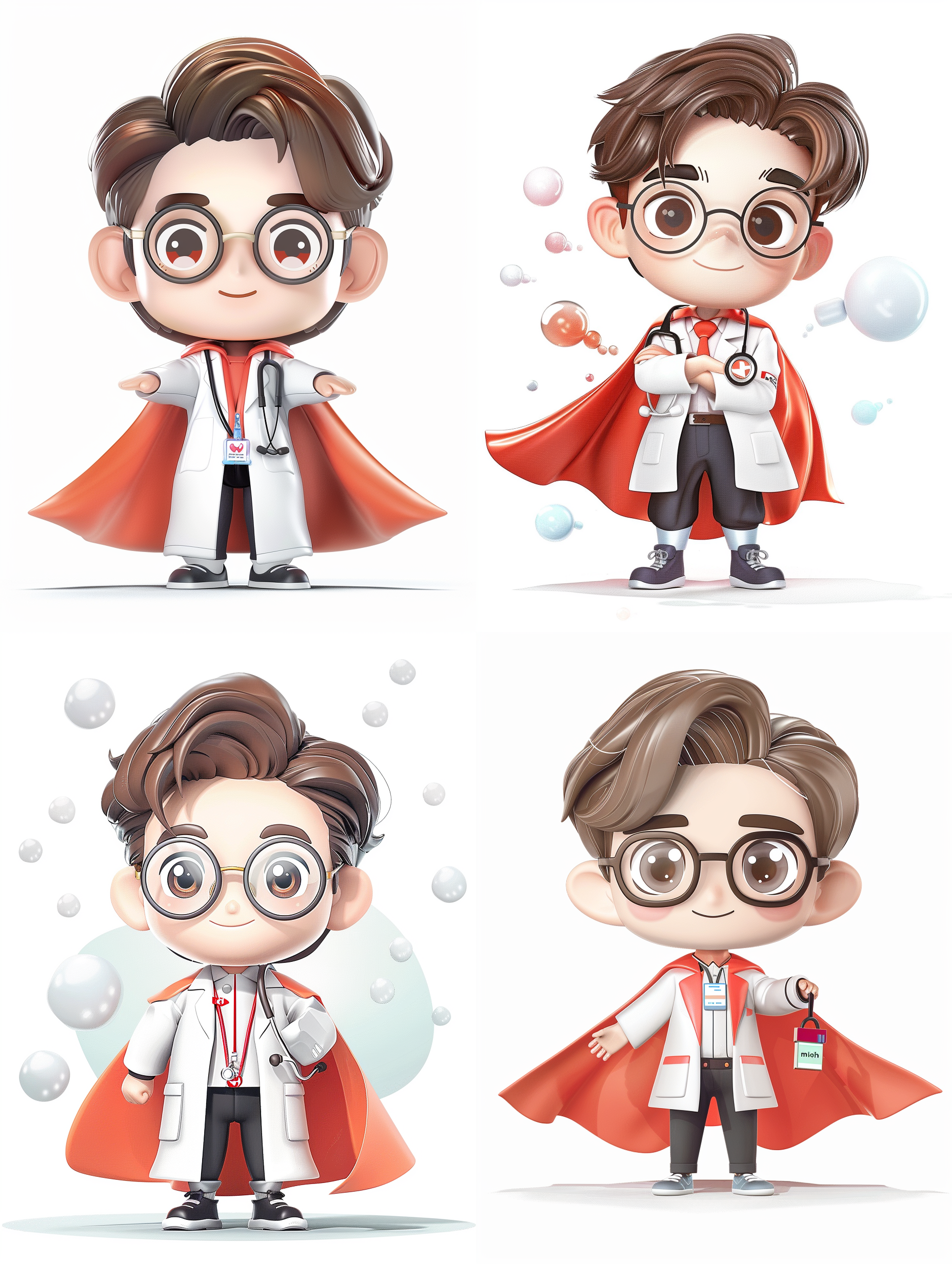 带科技眼镜的医生身着橙色斗篷，盲盒风格，泡泡玛特，全身照，正面视图，可爱，新造型主义，c4d,8k