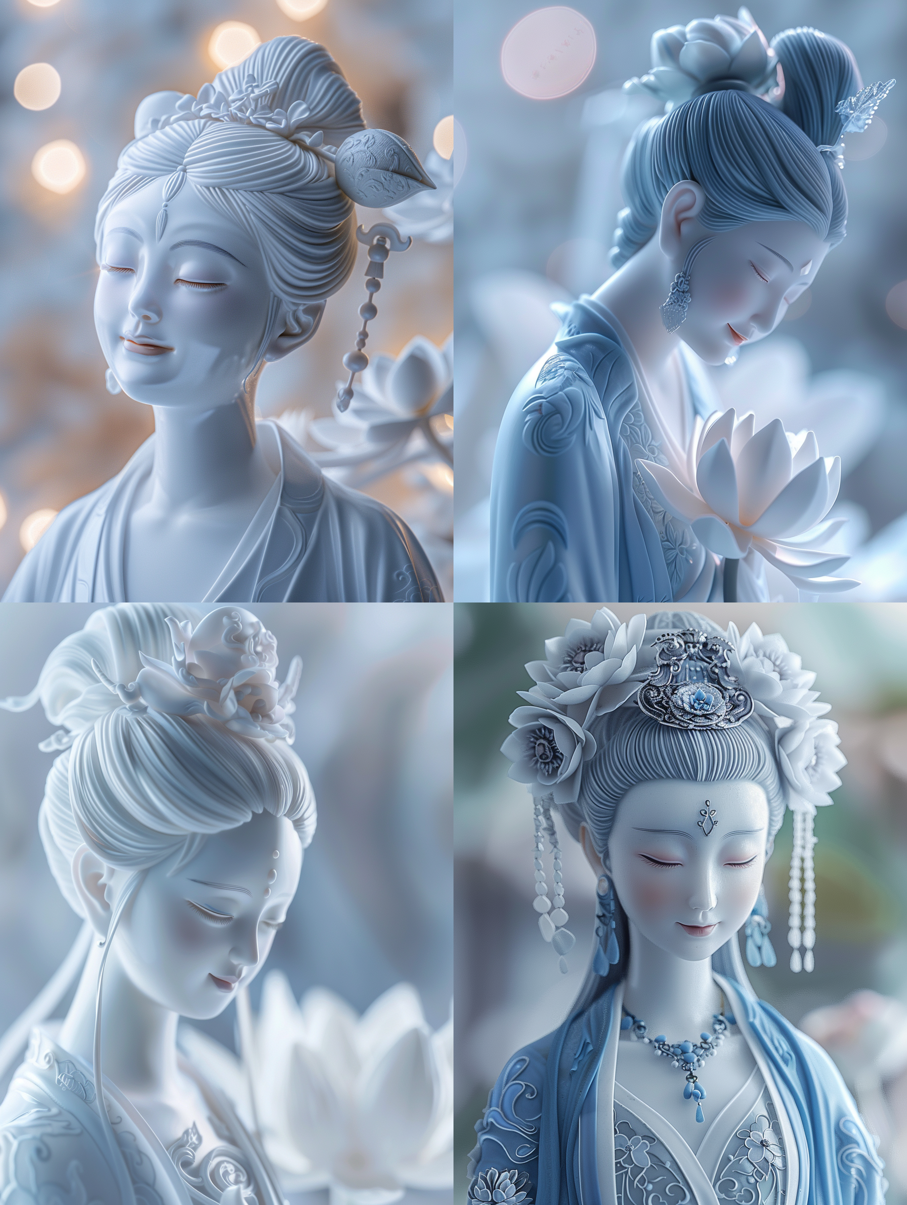 中国白瓷雕像，古风美女，脸部洁白，柔和光线，微笑，身穿汉服，汉服是青花瓷图案，白瓷质地，光线明亮，传统服饰，端庄，宁静，亲切，c4d渲染，oc效果，高清，8k 三维 干净背景 虚化 白 瓷 明亮的 瓷器 荷花