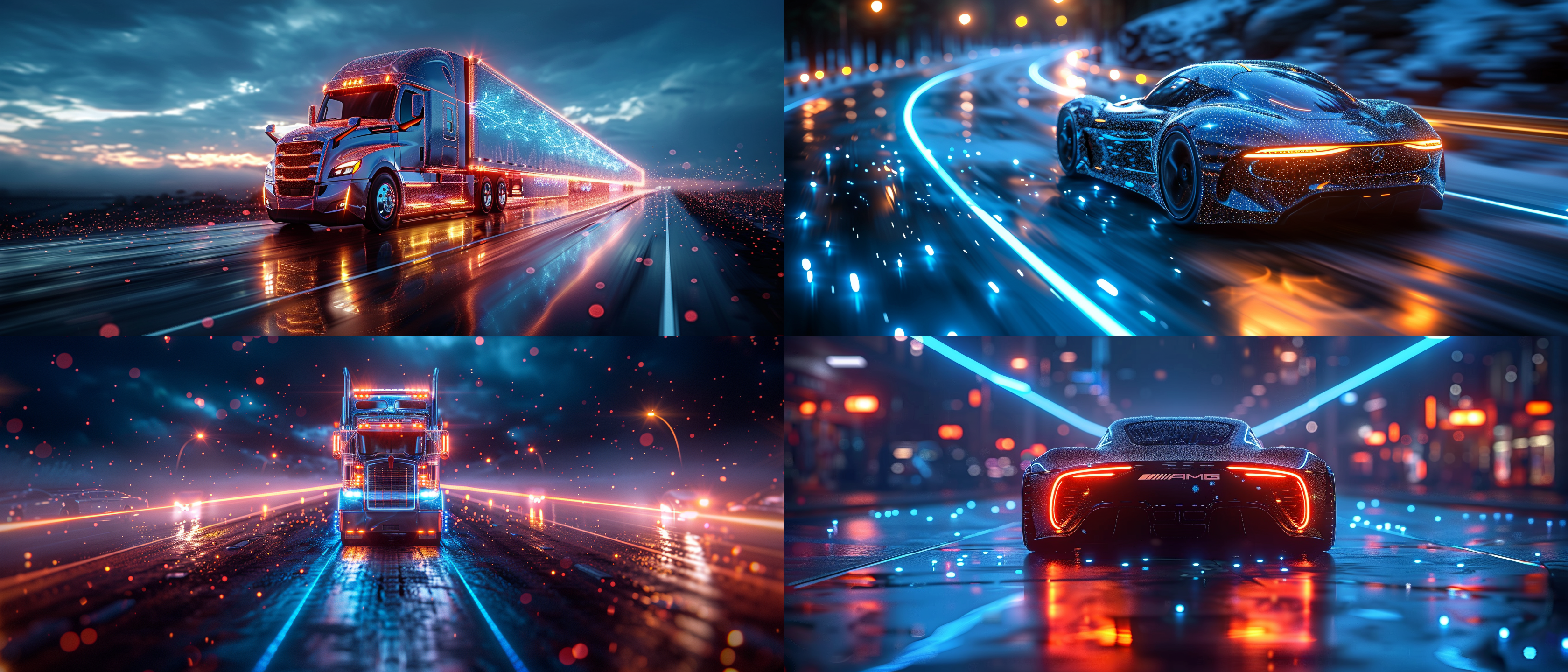 truck speeds forward, 360 panorama, blue light surrounds the car, particles, stretched light extending outside the frame, symmetrical composition, blue and blue neon lights from top shaped truck car concept photo, blue lines, top view, ultra high definition, 8k