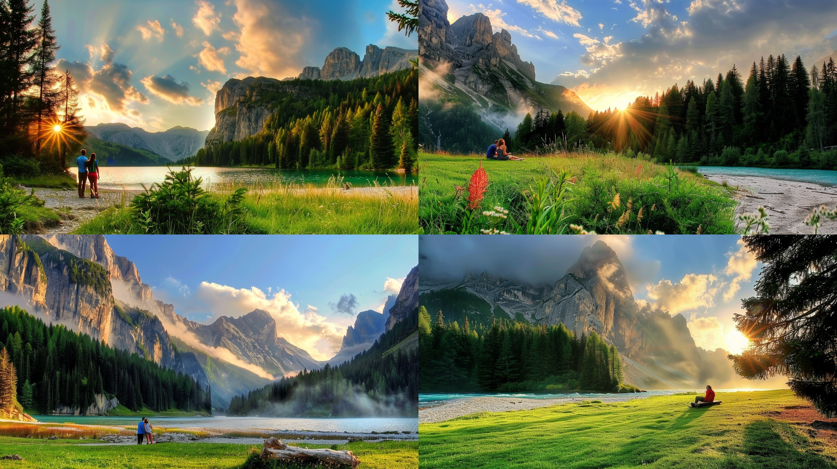 一对情侣在海边草地上观看日落, 森林中, 暖色调, 长焦镜头, 自然光, 亲昵动作, 浪漫, 幸福。