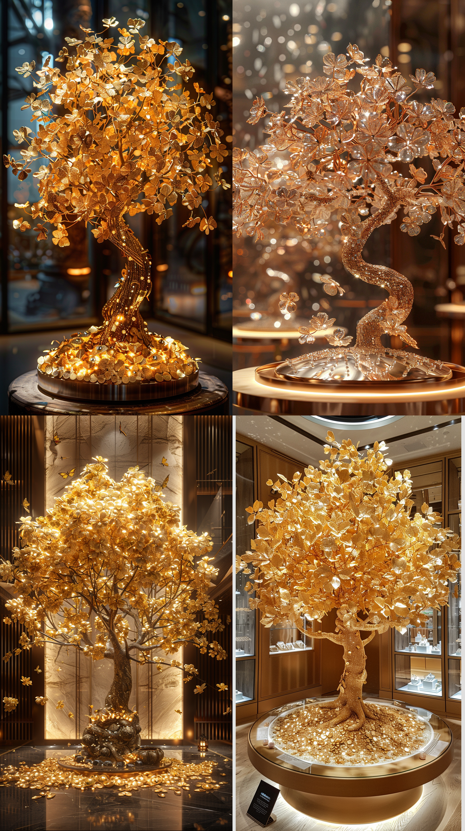 摇钱树展示，金色主题，明亮环境，细节清晰，静态镜头，对称构图，高光反射，珠宝展示，繁华气息，奢华感。
