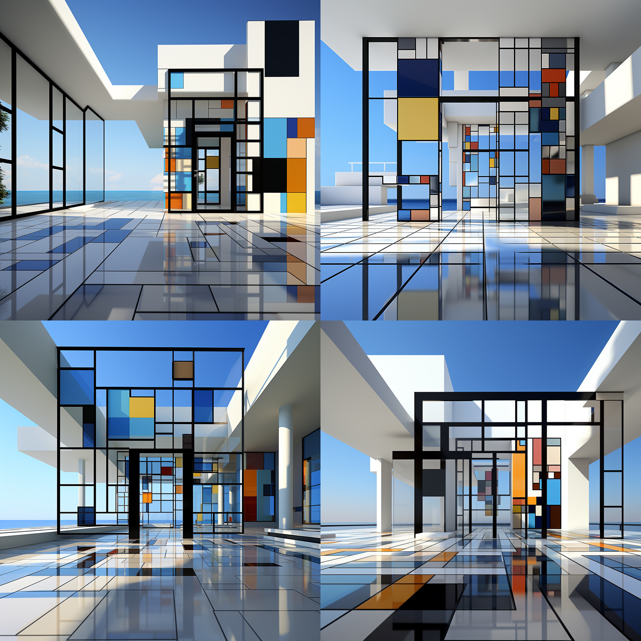 门头，科技感，立体几何，蒙德里安风格，现代建筑，抽象构图，几何形状，对称，冷色调，室外景观，宽广视角，线条，光影，现代主义，冷静。